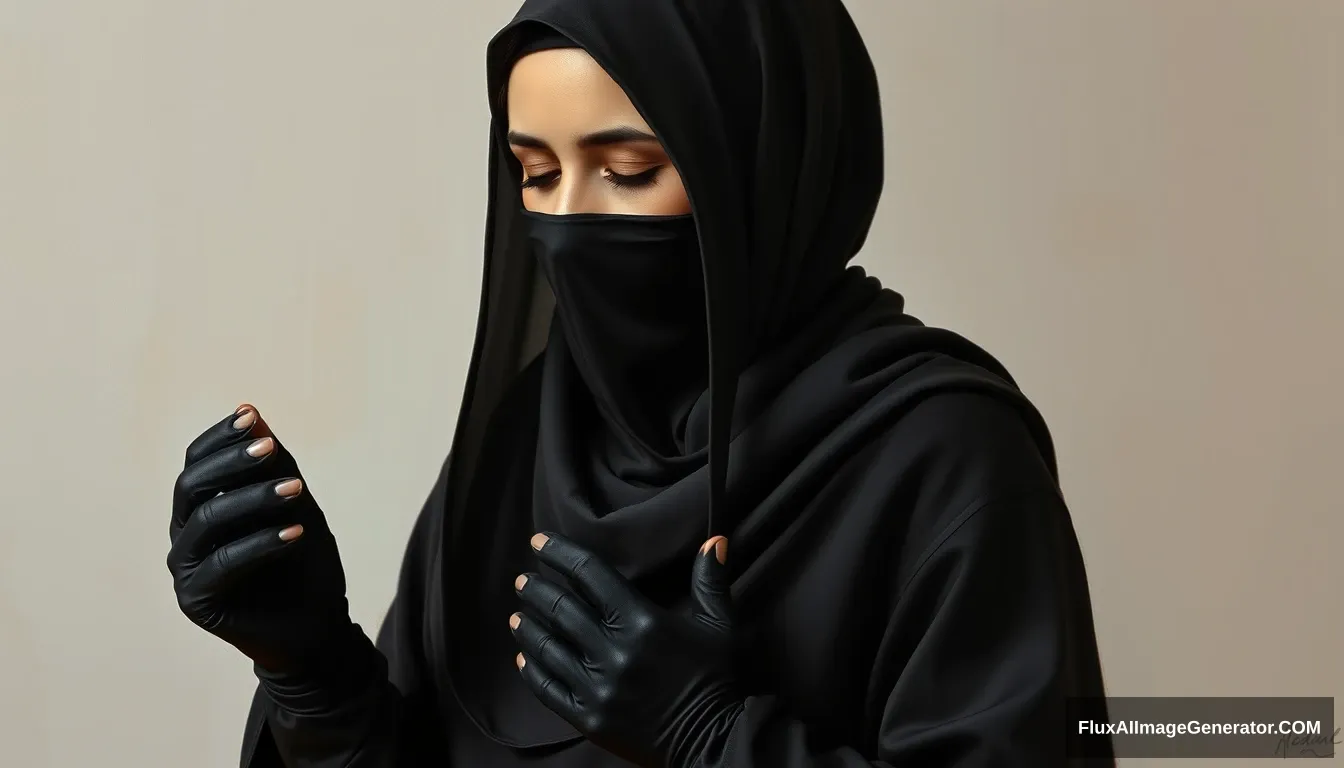 Pious woman praying named Maryam bint Imran. Wearing black gloves and a niqab, Maryam is a woman who is very devout and always maintains her purity. She comes from a very prominent family, and since childhood, she was raised in an environment full of worship and obedience to Allah, wearing a black sarong with her neck covered by a perfect hijab. Realistic, full body, oil painting. - Image