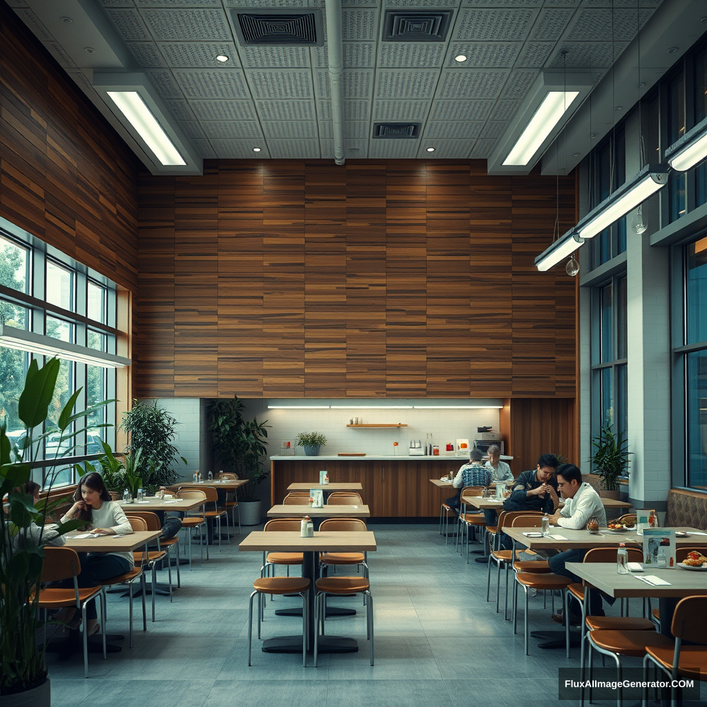 interior, company cafeteria, modern, wood panel, movie scene, plants, eating