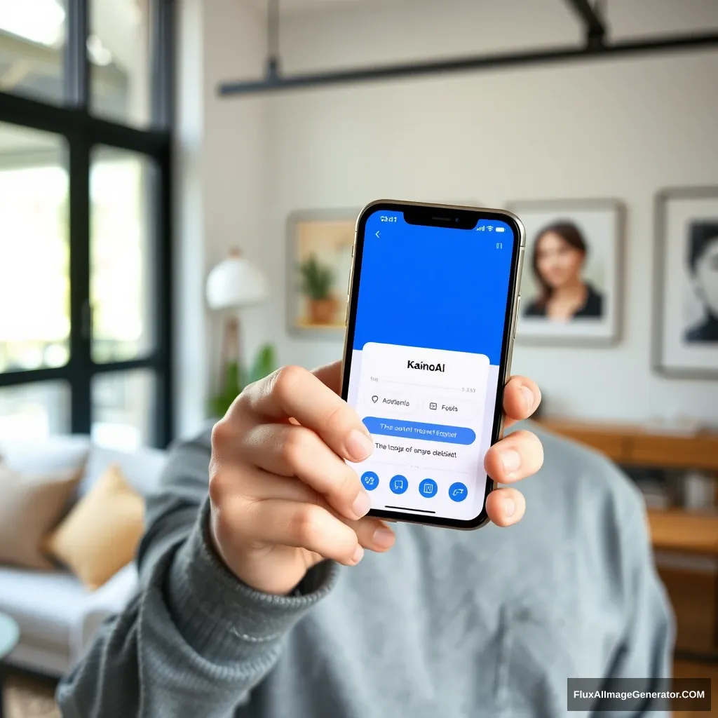 An interior designer is holding a phone, and the phone screen displays the KainoAI app, which has a blue style. - Image