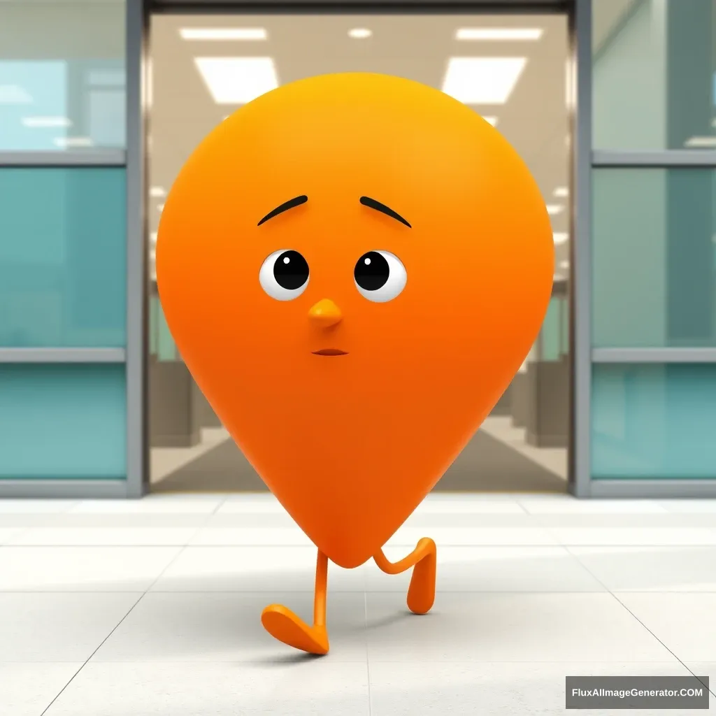 A simple, 3D Pixar-style character with a smooth, inverted triangle round body shape, colored in bright orange. The character has a broad upper body tapering to a narrow bottom, with eyes, nose, and mouth all within the inverted triangle body. The character is walking into an office building. The character's body is an inverted triangle shape, wide at the top and narrowing towards the bottom.