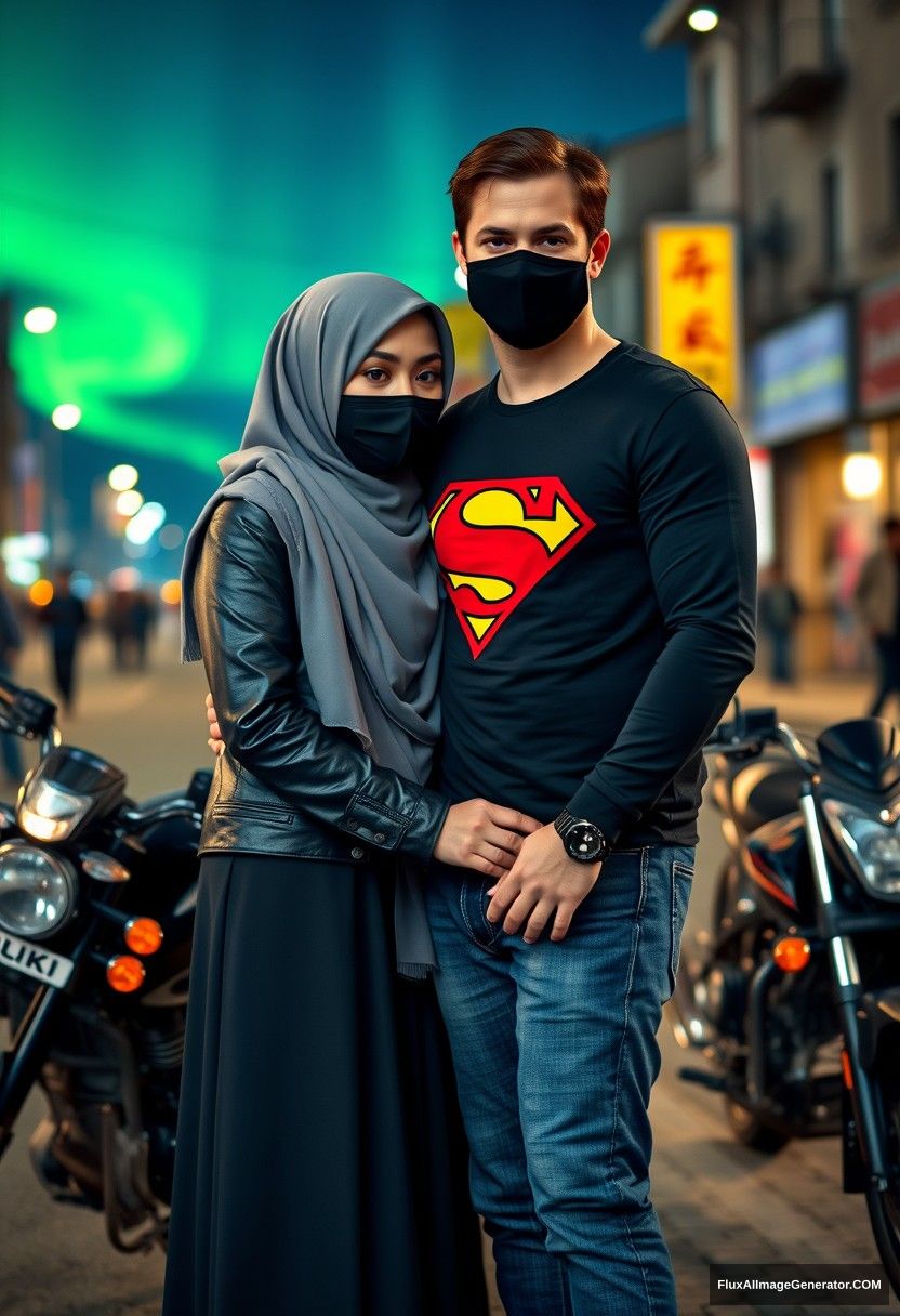 Jamie Dornan, tall, young, black face mask, black long-sleeve Superman t-shirt, jeans, 

dating romantically with a grey hijab-wearing Muslim girl, beautiful eyes, black face mask, leather jacket, very long and big skirt, not a tall girl, 

lying on shoulder, standing near motorbikes for photography, Suzuki Panther model, in town, photorealistic, street photography, night scenery, aurora borealis.