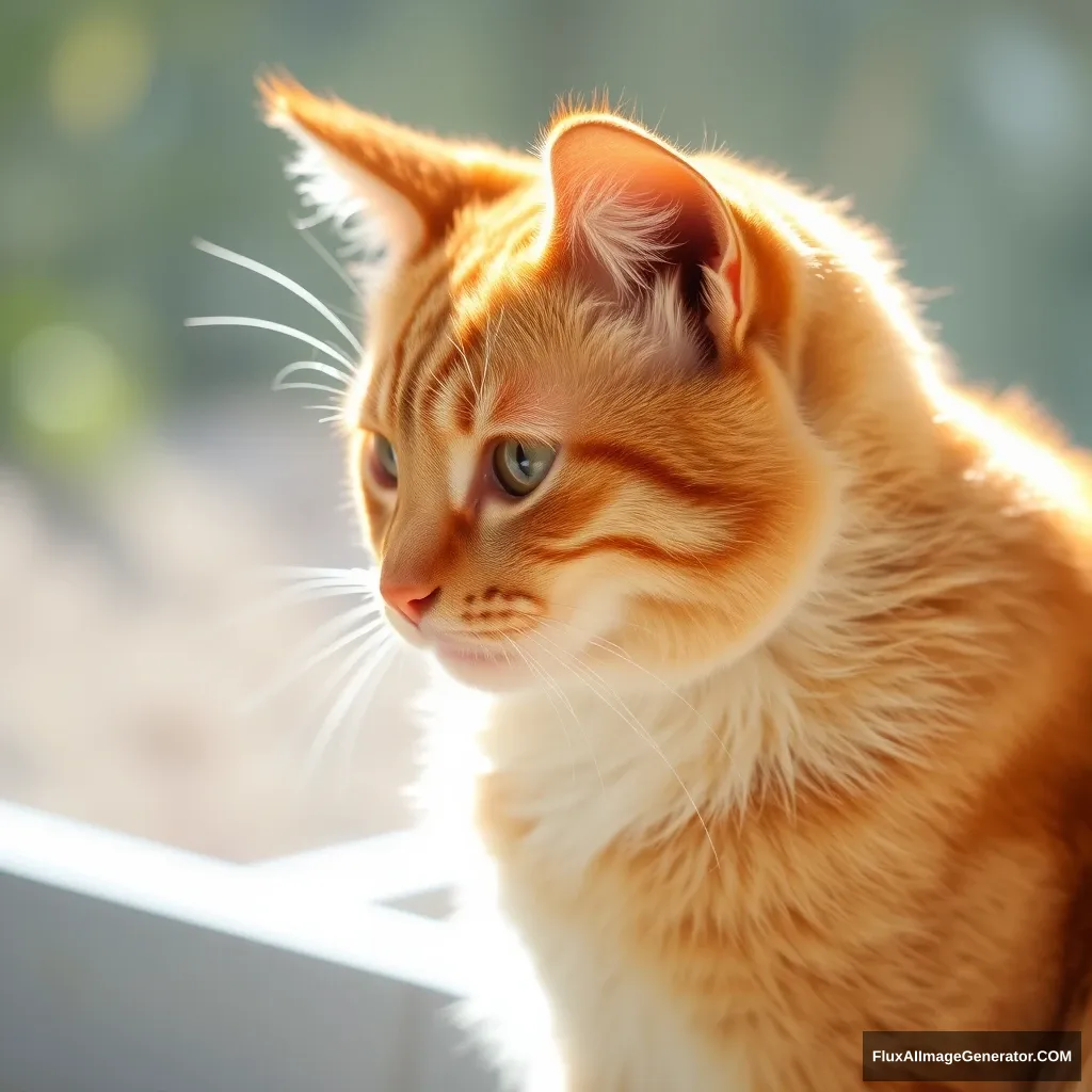 'A orange-furred cat sitting and basking in the sunlight.'