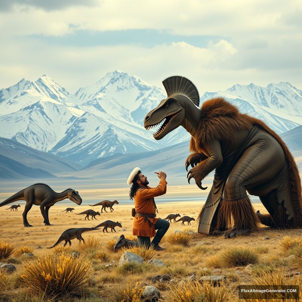 Ancient Mongolian warrior Genghis Khan kneeling and proposing to his very elegant Mongolian girlfriend, with T-rexes and other dinosaurs grazing nearby in the steppes of Mongolia, against the backdrop of the snowy Altai Tavan Bogd mountains. - Image