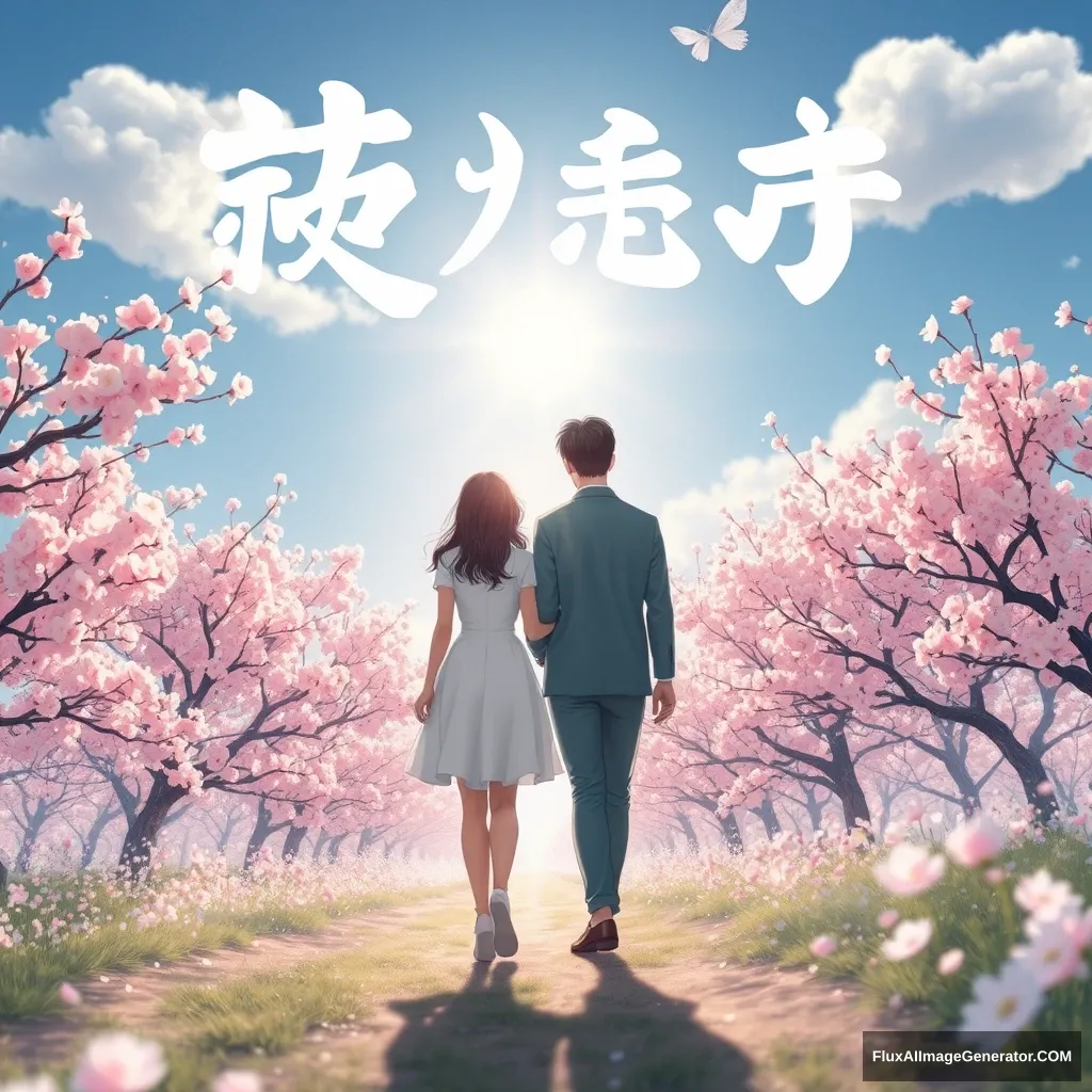 Two lovers walk with the sparkling sunlight behind them, surrounded by countless brilliant cherry blossoms dancing in the wind, while the sky features fluffy clouds shaped like the characters for "seongli-song." - Image