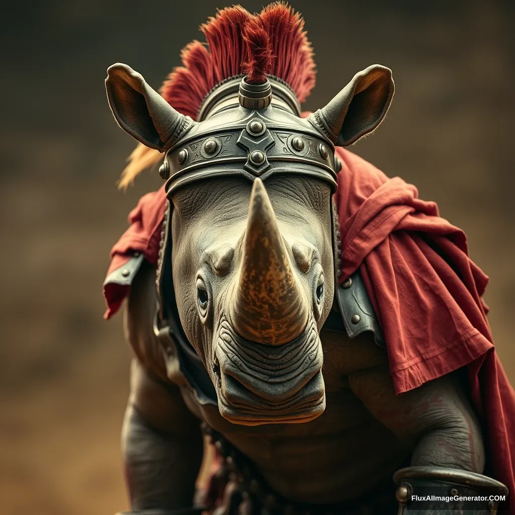 Create a high-resolution, dynamic photograph of a rhino warrior dressed as a Roman gladiator, captured with natural earthy tones and dramatic, cinematic lighting to highlight his imposing form and combat-ready stance, award-winning photographic quality. - Image