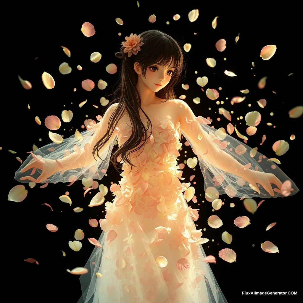 "The effect of the body transforming into scattered petals, two-dimensional beautiful girl." - Image