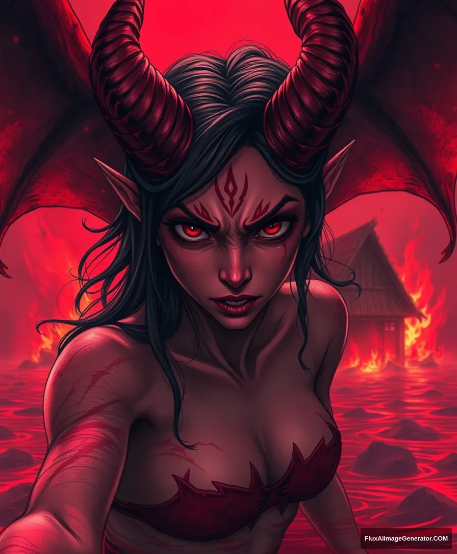 red-skinned demon girl, twisted horns, demon girl, gigantism, anime, manga graphics, drawing, red water, demon wings in the background, the background of a burning house, a lot of small details, hyper detail, acceleration, speed, dark exposure, the highest quality, the highest detail, ambient lighting, third person view from the bottom, intricate, exquisite details and textures, sharp focus, high resolution, detailed eyes, 8k uhd, nikon d850, high quality, film grain, hyper realistic skin (detailed skin:1.3) - Image