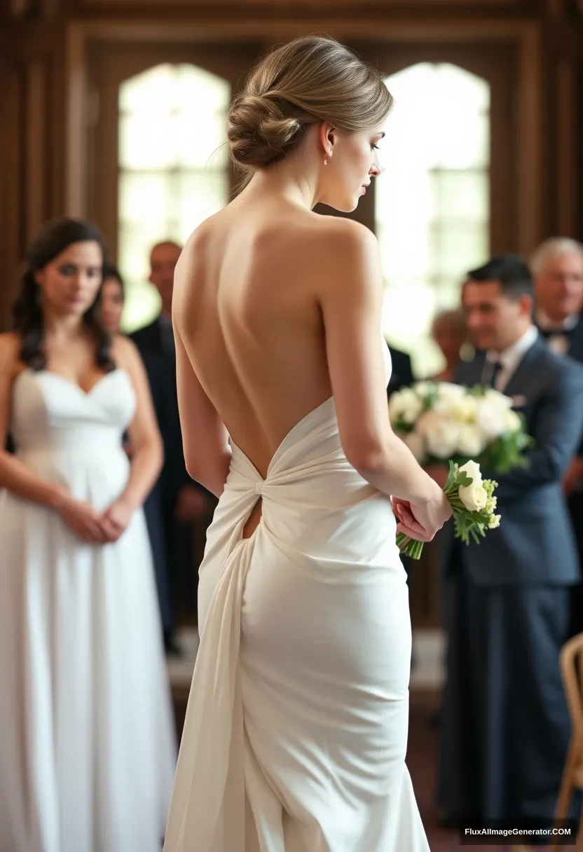 A short young woman, sensitive, delicate, backless strapless side-less low-waisted contouring wedding dress with a loose front and an open rear that seems like it was intentionally left undone. Submitting before the council of fathers. Expectations. Perfect posture. Pale skin. - Image