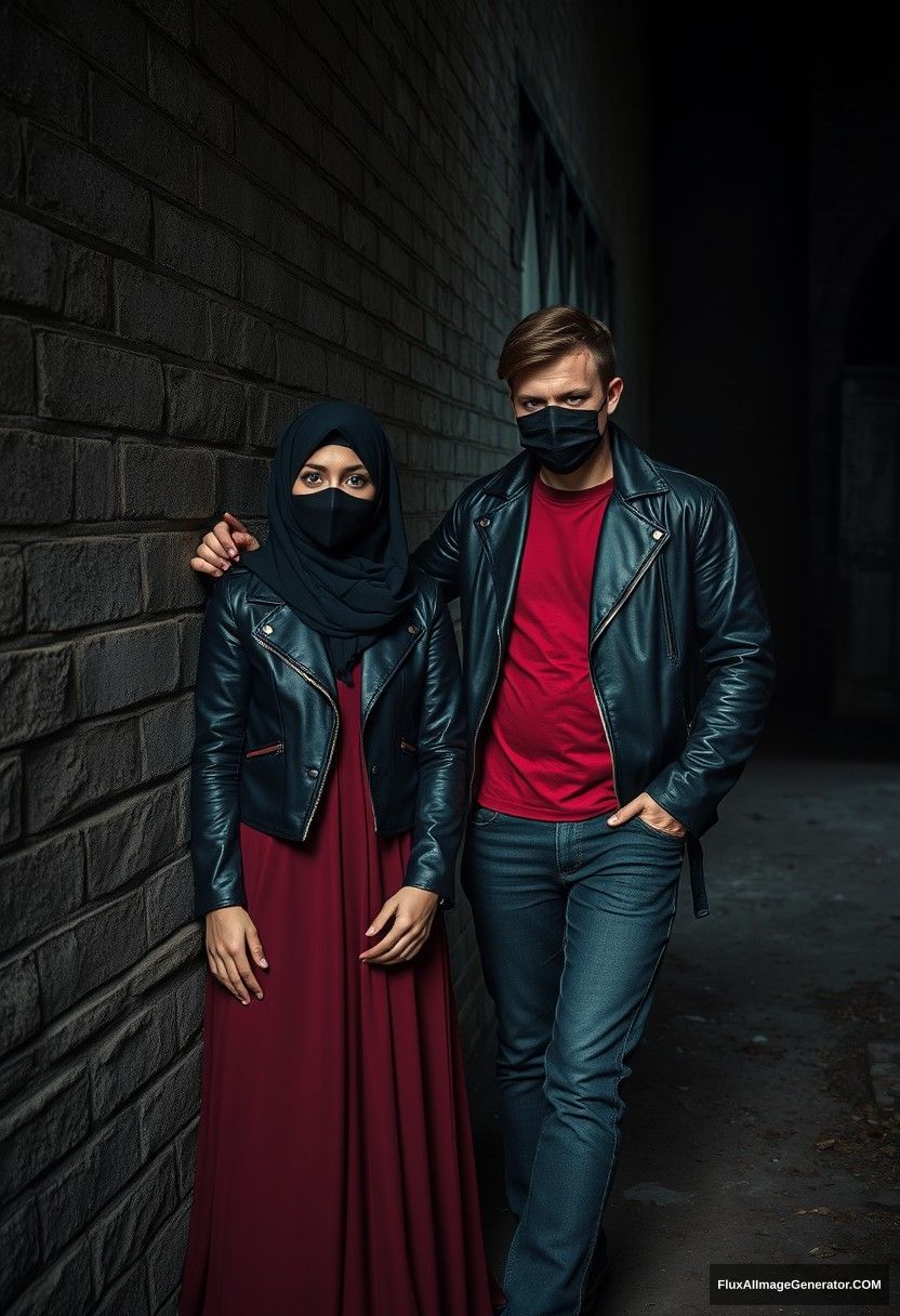 A biggest black hijab girl, beautiful eyes, face mask black, black leather jacket, biggest red longest dress, untall,

Jamie Dornan, handsome, face mask black, fit and tough body, metal red t-shirt, black leather jacket, jeans, tall man,

standing near wall together,
Hyper realistic, photorealistic, street photography, Victoria's abandoned castle, gloomy, darkness. - Image