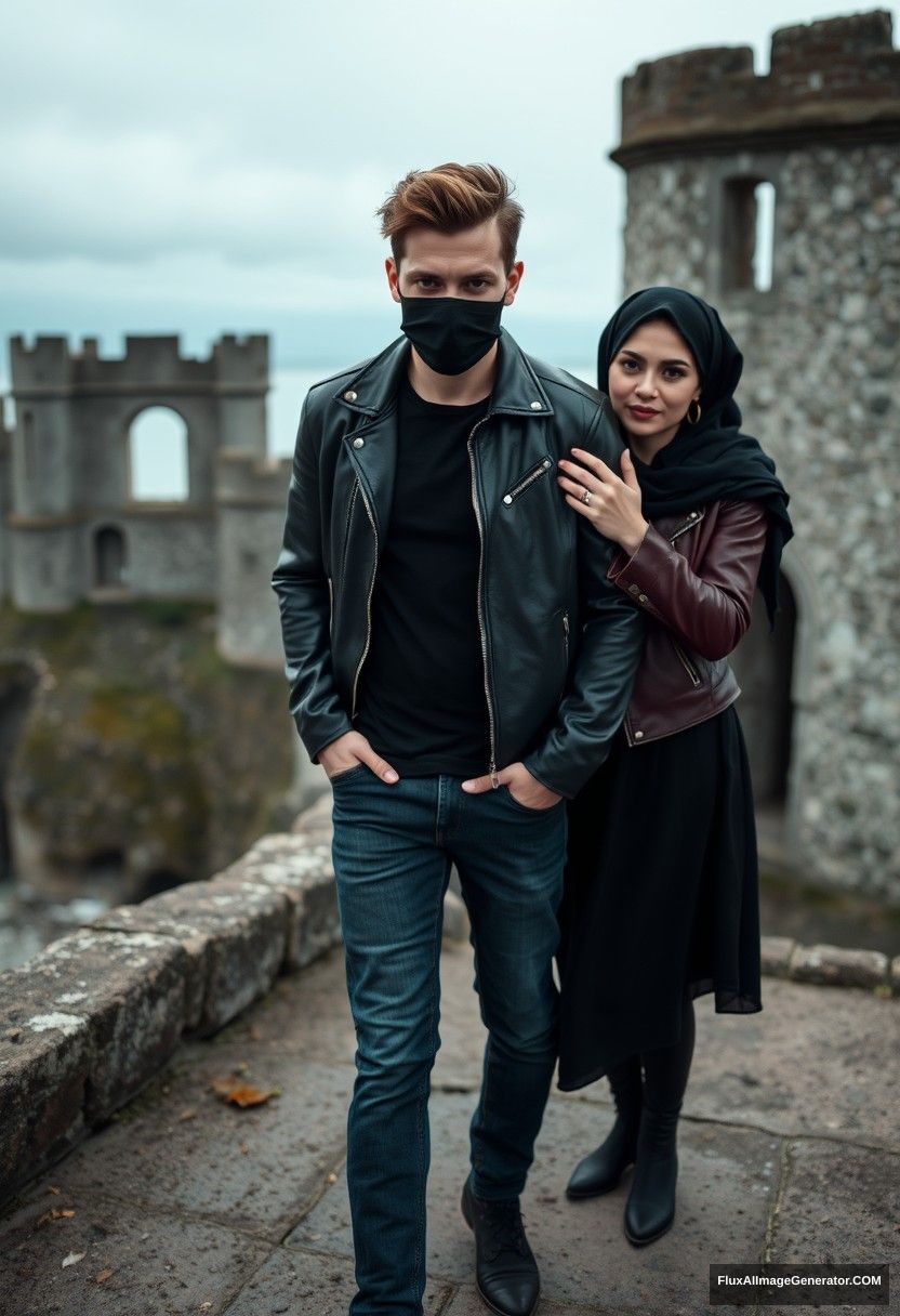 Jamie Dornan's head and body shot, handsome, youngest, face mask black, black leather jacket, jeans, dating, love with the biggest black hijab Muslim girl, not tall, beautiful eyes, face mask, maroon leather jacket, biggest black skirt, leaning on his shoulder, hyper-realistic, studio photography, full body photo, exploring at an abandoned castle, at sea, gloomy scenery.