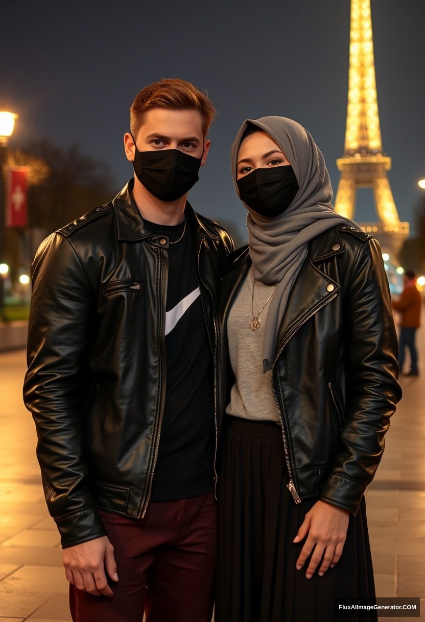 Jamie Dornan, black face mask, black leather jacket, Nike t-shirt, dating, love with the biggest grey hijab Muslim girl, beautiful eyes, black face mask, leather jacket, biggest longest skirt, cute, standing near the Eiffel Tower, night scenery, hyper-realistic, photorealistic, street photography.