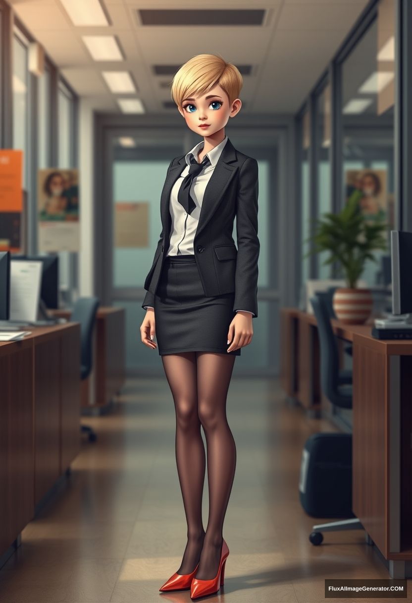 Skinny young blonde girl standing in a secretary outfit in a character environment, short pixie haircut, blazer, pantyhose, stiletto pumps.