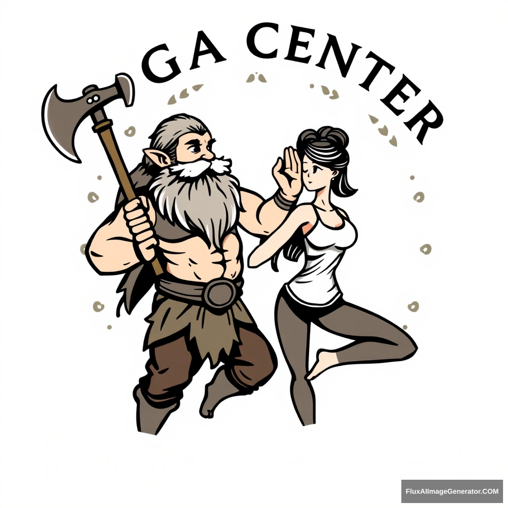 Typical yoga center logo, but with a muscular dwarf-warrior with a beard and axe flirting with a woman by touching her arm in a yoga pose.