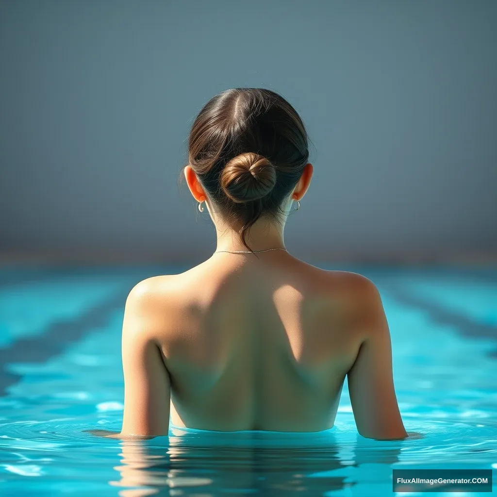 A teen girl in the swimming pool, back view.