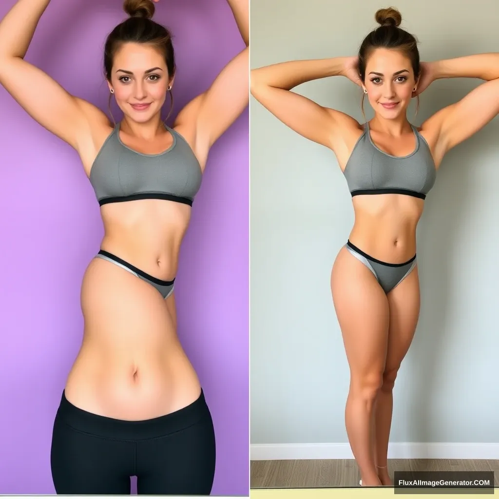 Fitness model influencer Emma's progress pictures. Her waist is half the width of her hips.