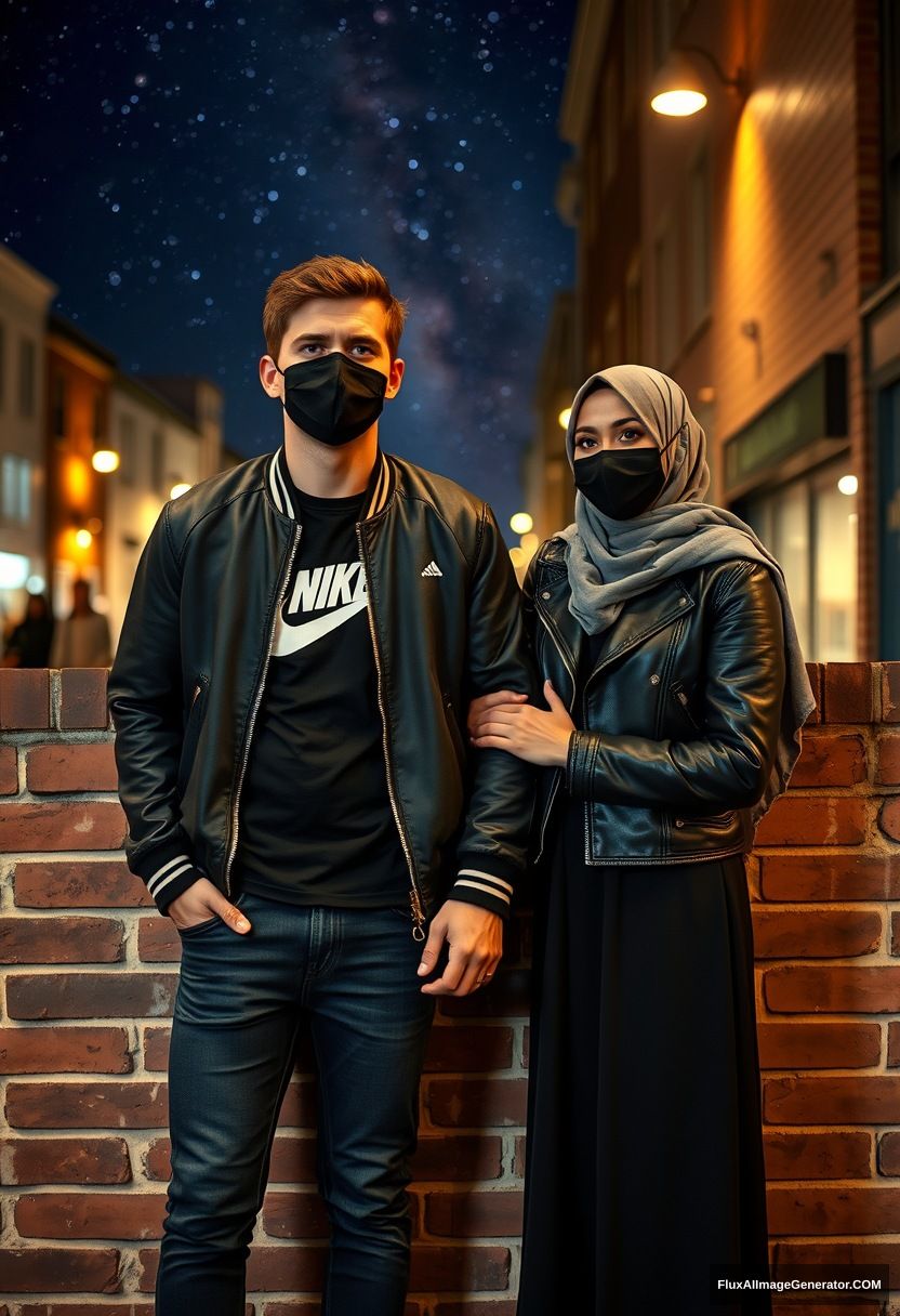 Jamie Dornan, youngest, black face mask, collage jacket, Nike t-shirt, jeans, tall man, fit body, 

Dating, love with the biggest grey hijab Muslim girl, beautiful eyes, black face mask, leather jacket, biggest longest skirt, slim petite girl, holding his arm 

standing at a brick wall, in town, night scenery, Milky Way, hyper-realistic, photorealistic, street photography.