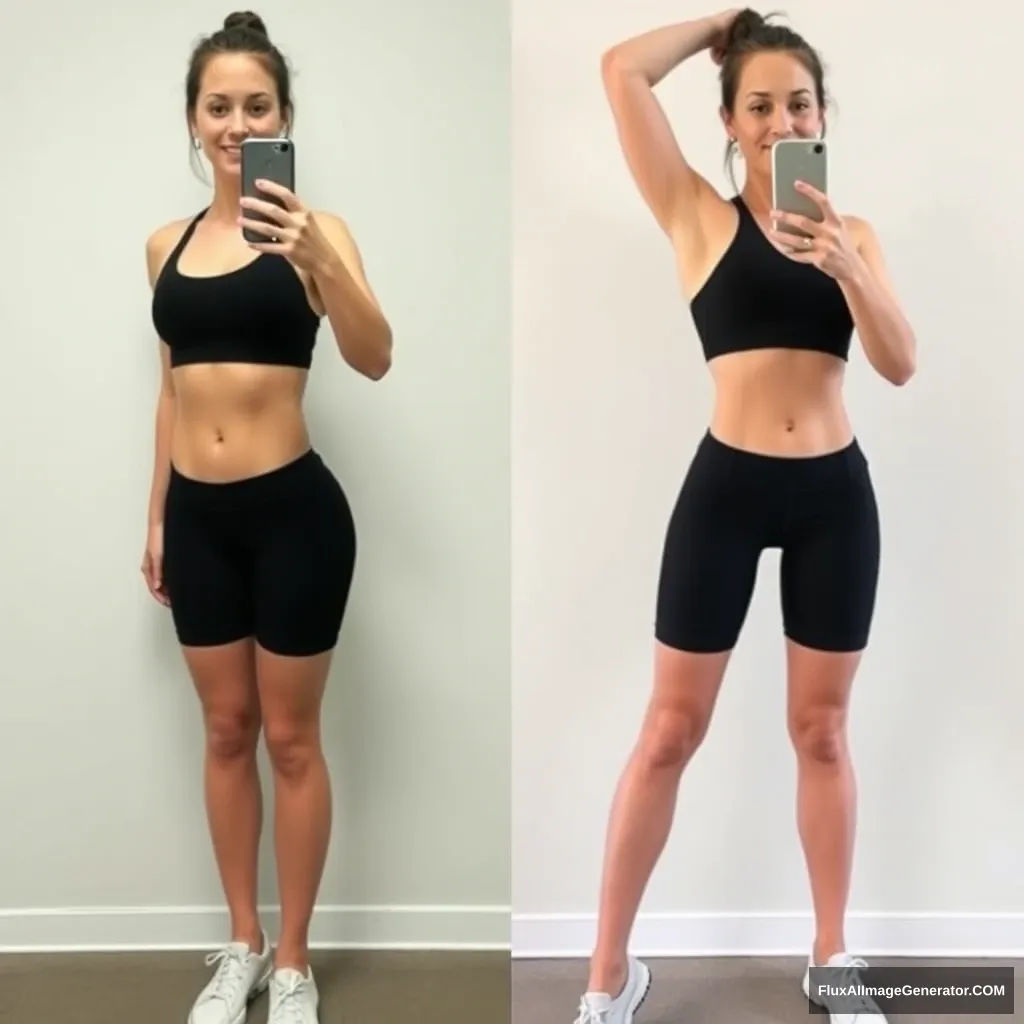 Fitness model influencer Emma's before-and-after photos. Her waist is half the width of her hips. - Image