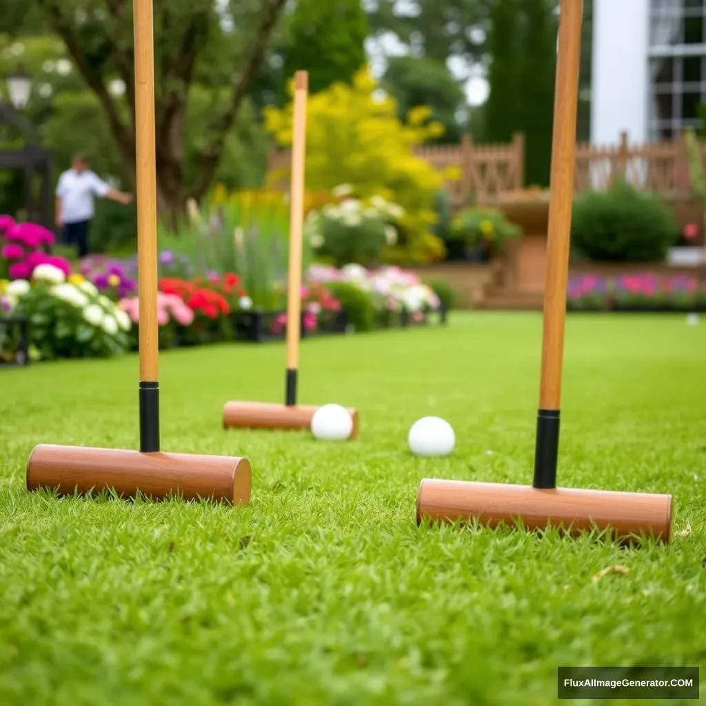 Croquet lawn in garden with mallets and balls - Image