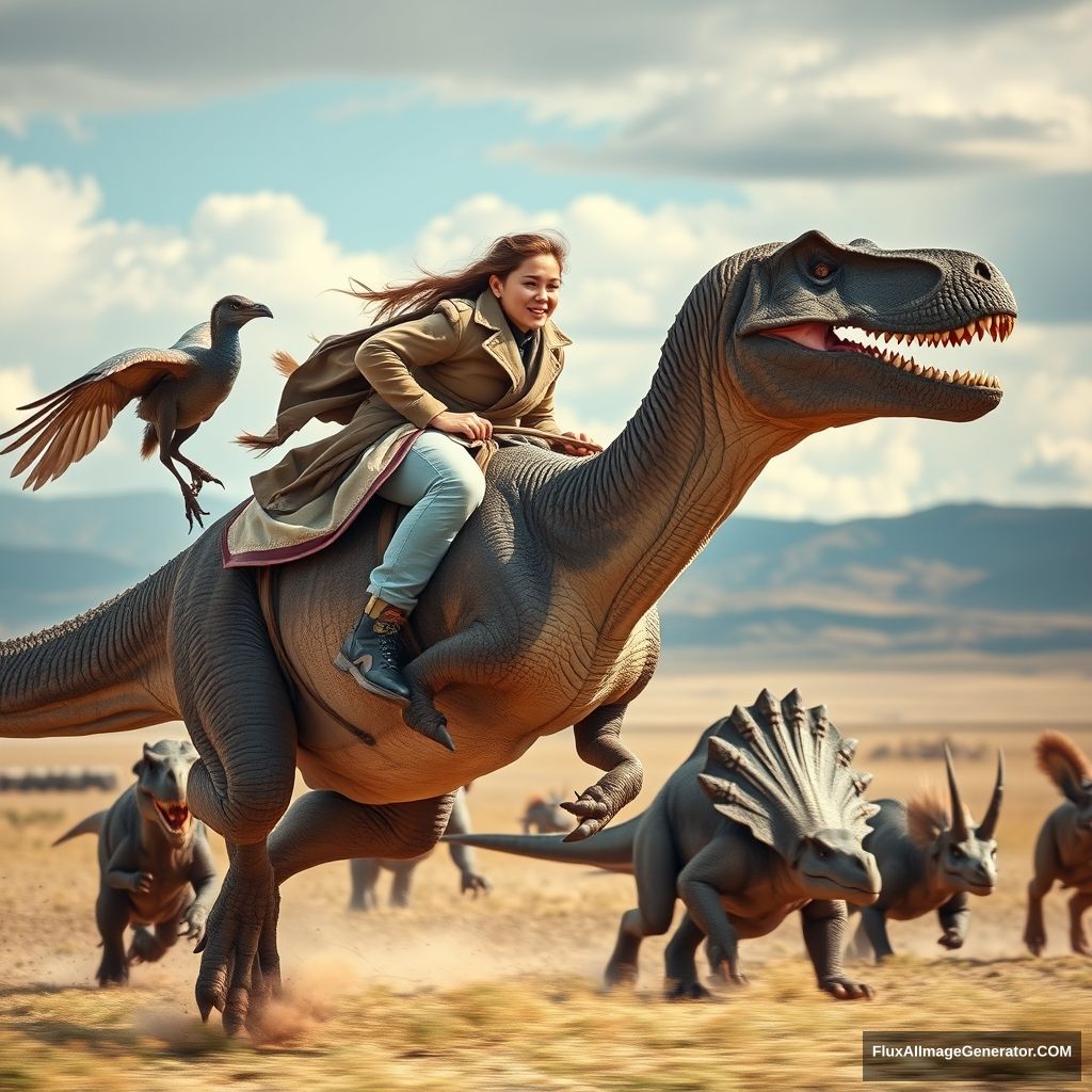 Close-up cinematic shot of a 20-year-old Mongolian woman riding a galloping T-rex at a high rate of speed, with a Pterodactyl sitting on his left hand, a pack of Velociraptors, Triceratops, and Spinosaurus running together on the Mongolian steppe, realistic photo.