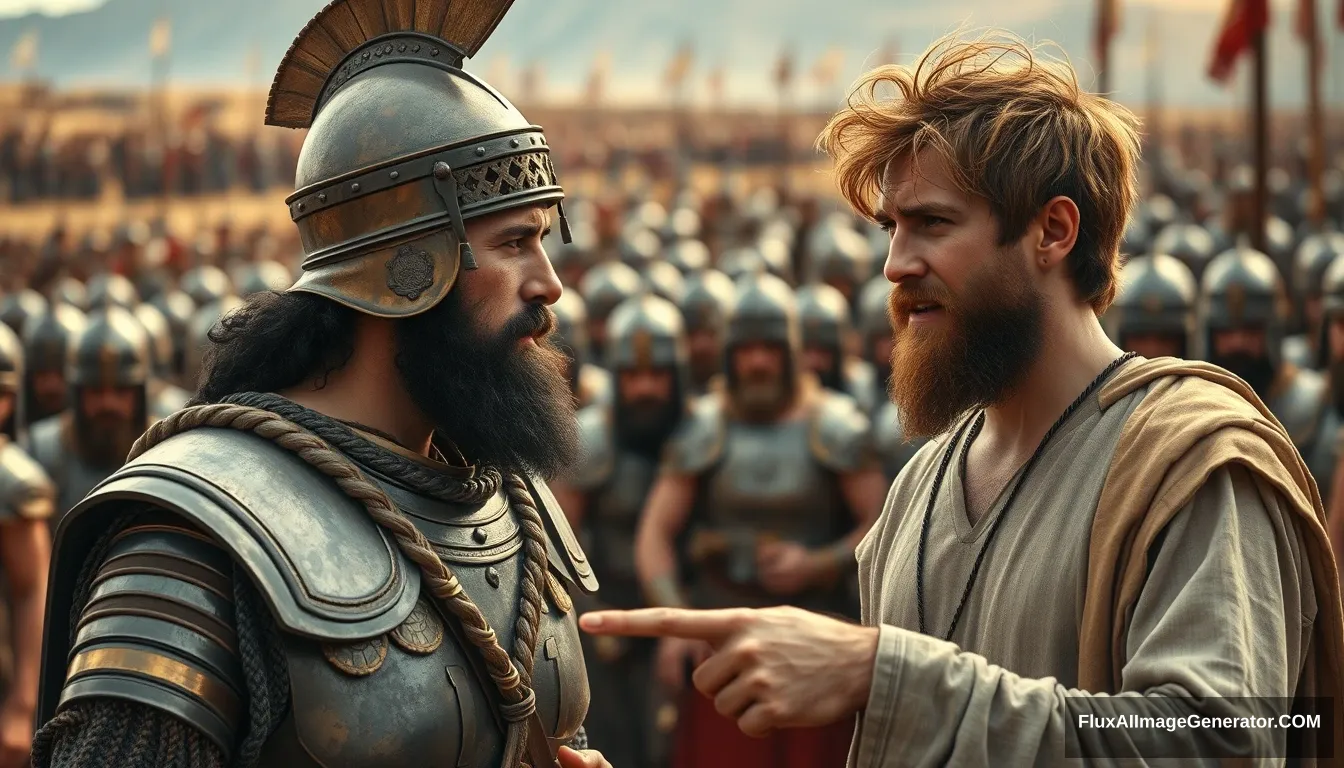 Create an image of two men arguing while onlookers crowd around. The man on the right is a young man with messy unkempt hair and a short beard, wearing just a simple biblical-era shepherd’s tunic. He has a serious expression and is looking intently into the eyes of the man he is arguing with, gesturing with his right hand, pointing to the right and away from the king, as if he is explaining something to a middle-aged Mesopotamian king. The king has a black beard and is wearing a full suit of Bronze Age Mesopotamian armor, with laminated strips of bronze and a conical helmet with a pointed tip. The background shows a blurred crowd of soldiers also wearing armor similar to the king. Standing on the horizon further in the background is a blurred front of a large biblical-era army. The overall mood of the image is one of anxiety and concern.