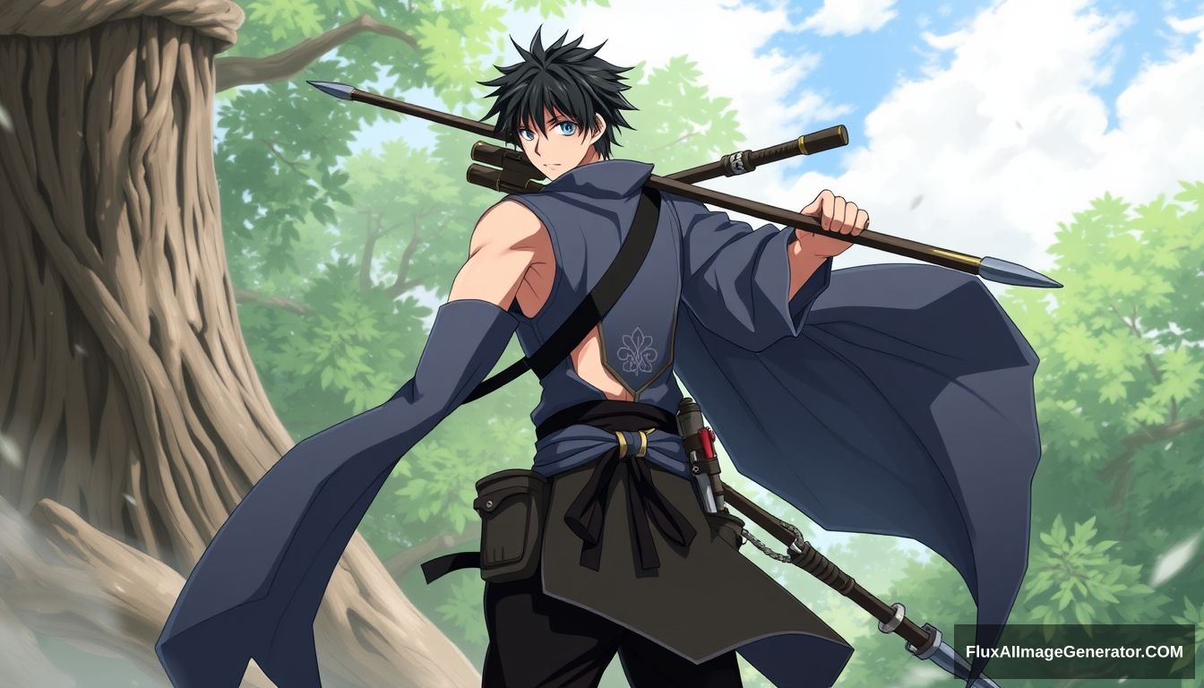 Tatsuki is described as a tall, tough-bodied, and attractive young man with sharp blue eyes, broad shoulders, and a large wingspan. He has short, messy black hair with bangs hanging below his eyes. He has a notably sturdy and muscular frame, cultivated from years of training, which tends to make him quite popular with girls. He is usually seen wearing a sleeveless bluish-grey robe over an open-collared black keikogi with his clan crest on the back of it, along with black pants and a pair of black shinobi boots. He is usually seen with a bandaged torso and lower chest, and often ties black ribbons in a crisscross pattern over the lower half of his sleeves to prevent them from getting in the way of fighting.

Around his waist, he has a bluish-grey sash that holds two pouches on either side of his waist containing various ninja tools and weapons. He also wears another sash strapped across his shoulders, which he uses to hold his spear, his signature weapon. Naruto character designs, full body, from head to toe.