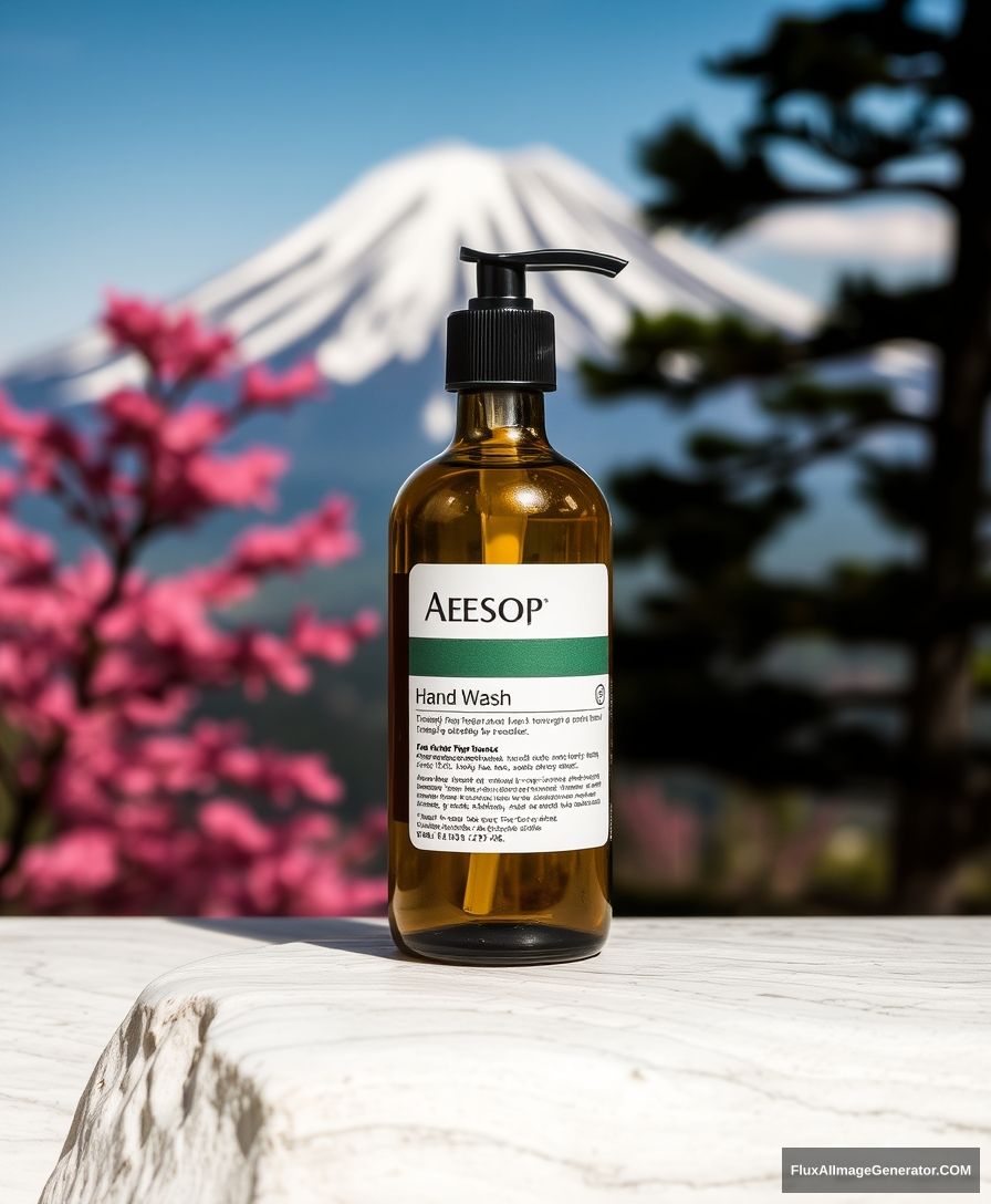 Aesop hand wash, Japanese Fuji mountain background.