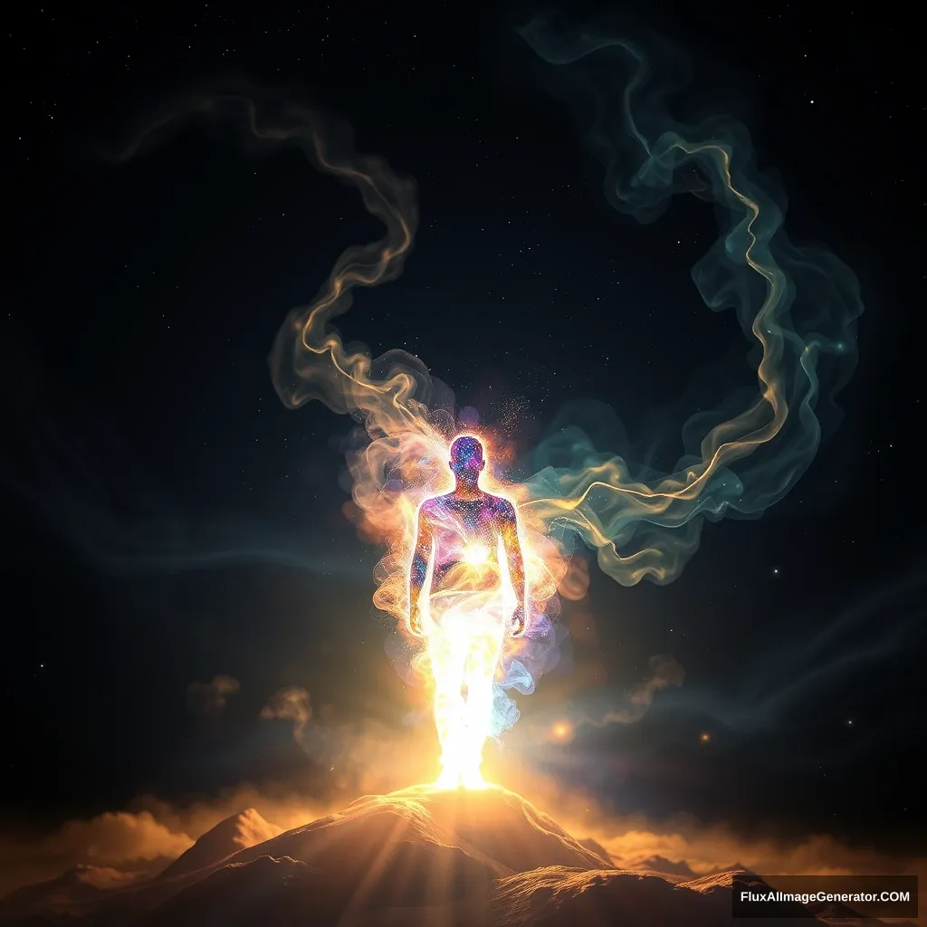 An artistic representation of a person standing in the void, surrounded by swirling ethereal energy. The background is filled with dark, swirling patterns and stars, creating an otherworldly atmosphere. The person seemed to glow, giving off bright colors and patterns, like clouds or smoke swirling around them. The light seems to emanate from the person, giving a sense of movement and energy. The lighting is dynamic, with bright and sparkling effects. The style of the images is reminiscent of surrealism or digital art, with bright colors and abstract forms.