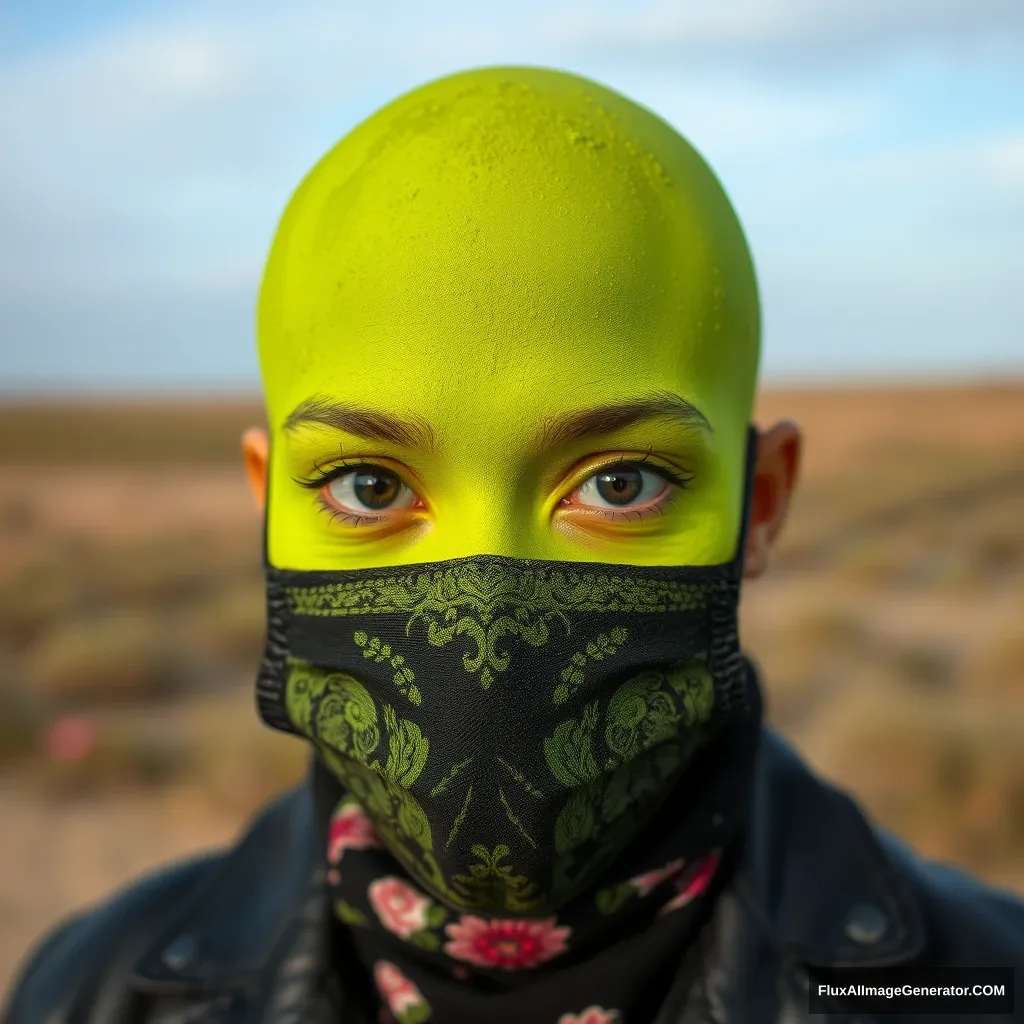 A biggest dusty green, beautiful eyes, face mask black, black leather jacket, floral juba. - Image