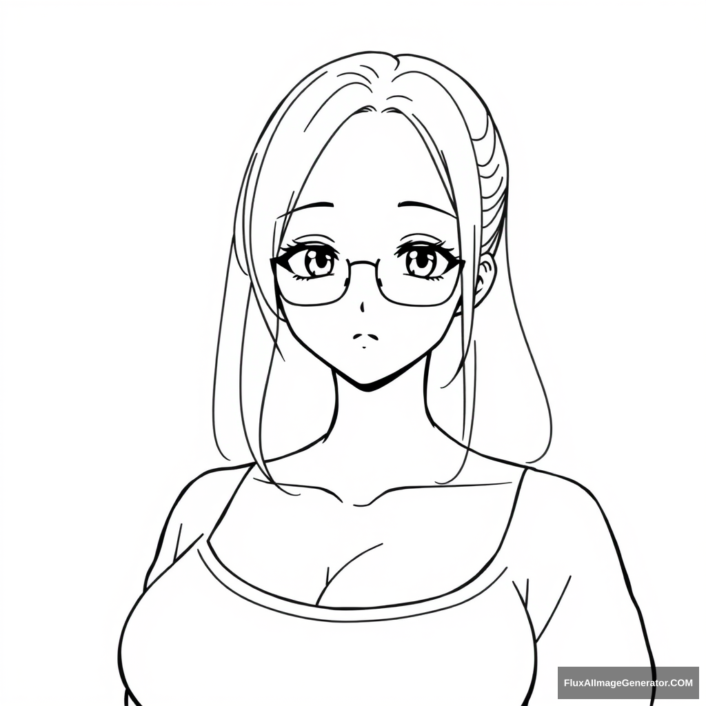 Simple line art of the character for drawing. Anime girl. Very full-figured. Looking professional. Simple eyes. - Image