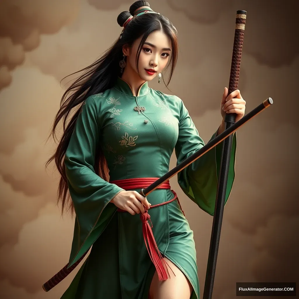 "Beautiful woman in ancient Chinese costume, wearing a fitted green outfit adorned with delicate decorations, exuding an antique charm, graceful and lively, full of elegance. With long hair and striking legs, she has a tall figure that embodies the qualities of an ancient female martial artist, holding a long sword that highlights her physique." - Image