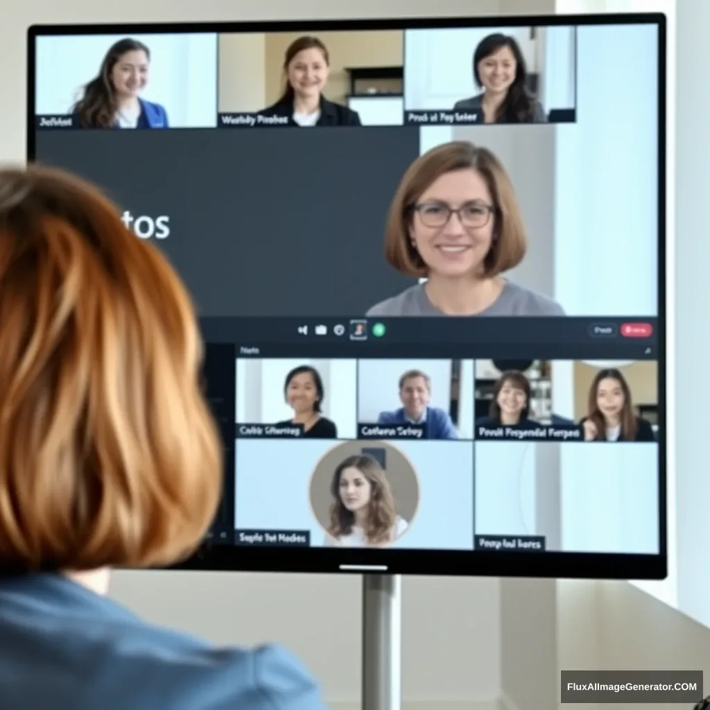 Microsoft online teams meeting for "Atos" presented by a white woman, brown bobbed hair, in her fifties. - Image