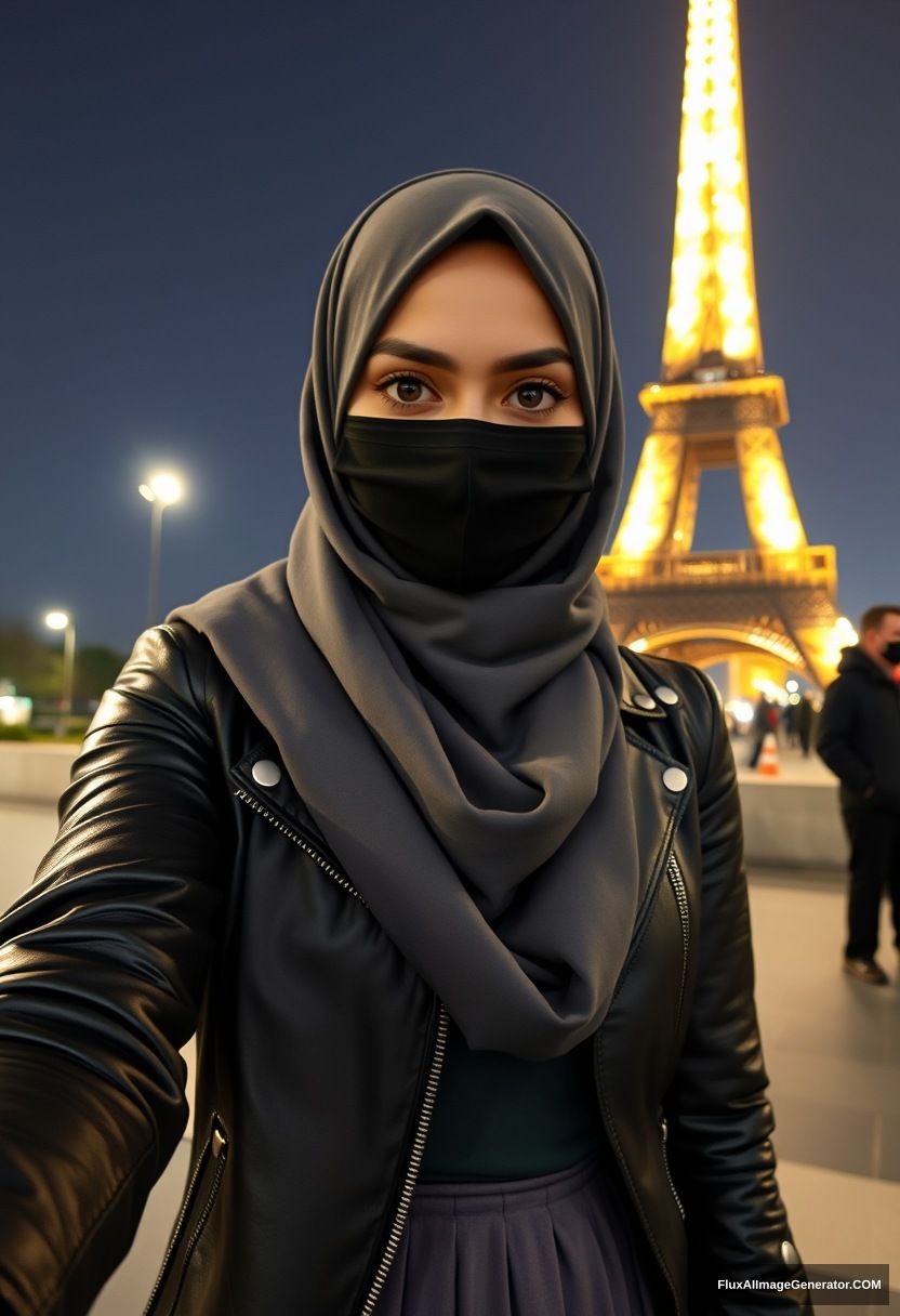 Biggest grey hijab Muslim girl, beautiful eyes, face mask black, leather jacket, biggest longest skirt, standing near Eiffel Tower, night scenery, hyper-realistic, photorealistic, selfie photos. - Image