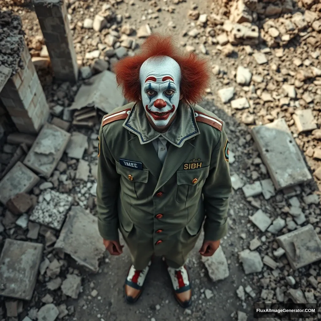 A very sad clown in an IDF uniform standing in the middle of ruins. Bird's eye perspective.