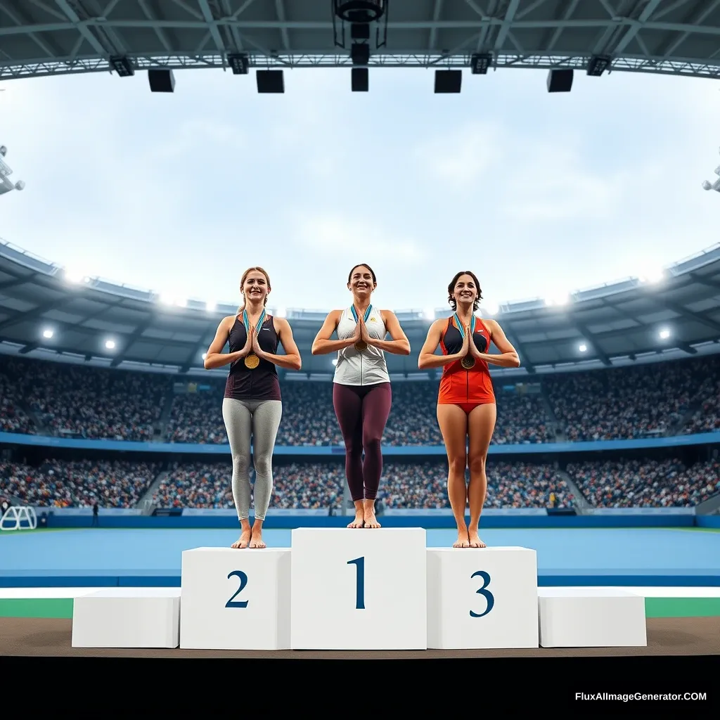 "Yoga has become an Olympic sport. So please imagine three female yoga athletes standing side by side on the podium at the center of the Olympic arena, receiving gold, silver, and bronze medals. The podium is marked with numbers 1, 2, and 3. The pose for receiving the award should be the Namaste position with hands together in front of the chest." - Image