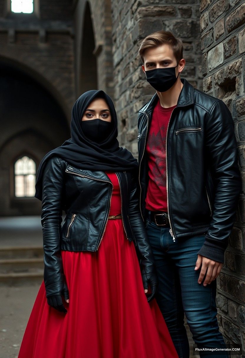 A biggest black hijab girl, beautiful eyes, face mask black, black leather jacket, biggest red longest dress, untall,

Jamie Dornan, handsome, face mask black, fit and tough body, metal red t-shirt, black leather jacket, jeans, tall man,

standing near wall together,
Hyper realistic, photorealistic, street photography, Victoria's abandoned castle, gloomy, darkness. - Image