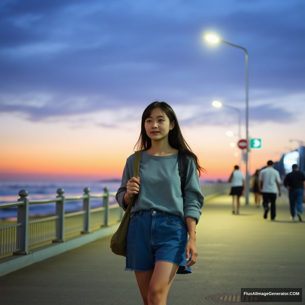 A female student walking by the seaside, beach, Chinese people, street, young girl, dusk, streetlights. - Image