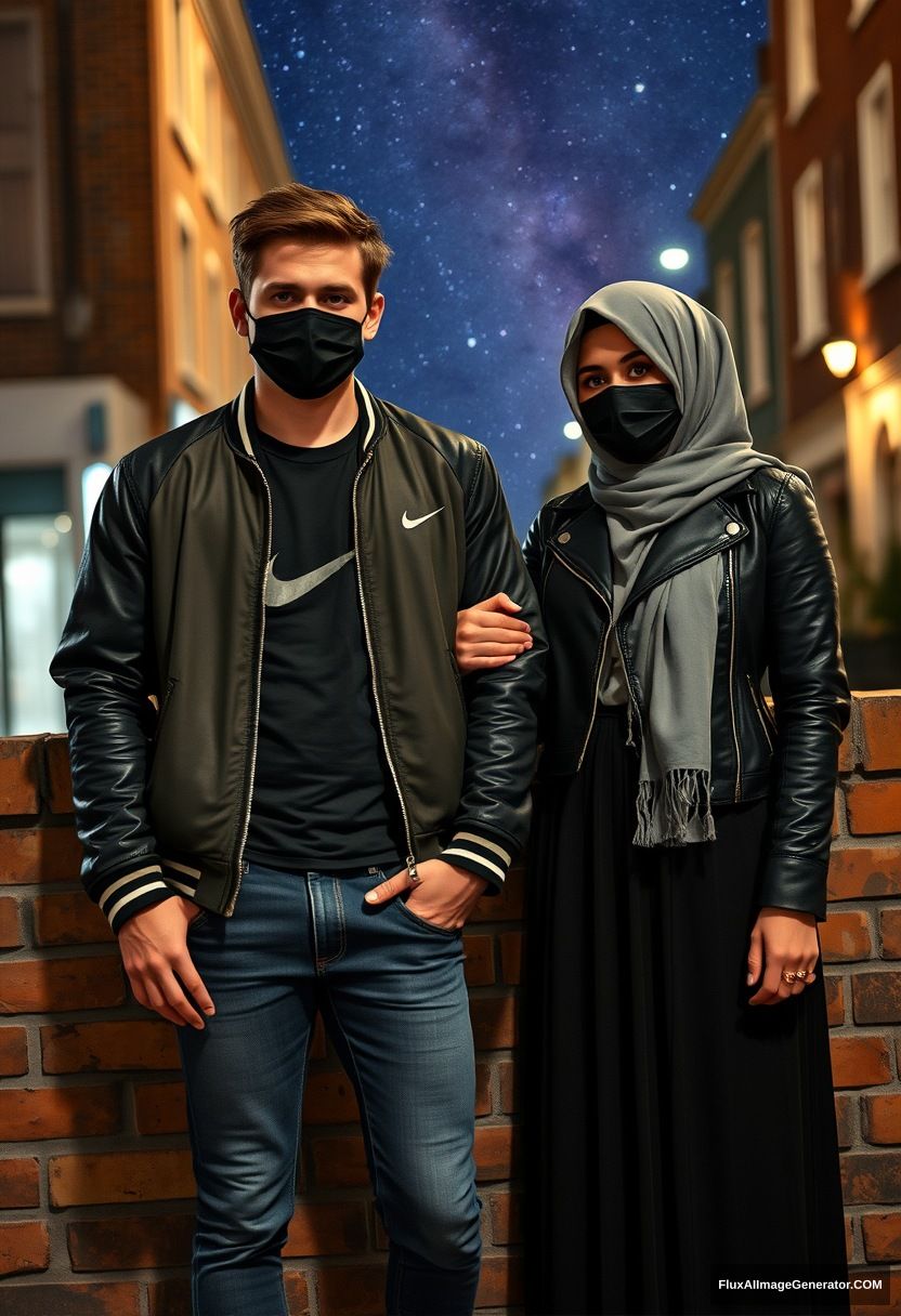 Jamie Dornan, youngest, black face mask, collage jacket, Nike t-shirt, jeans, tall man, fit body,

Dating, love with the biggest grey hijab Muslim girl, beautiful eyes, black face mask, leather jacket, biggest longest skirt, slim short girl, holding his arm

standing at a brick wall, in town, night scenery, Milky Way, hyper-realistic, photorealistic, street photography. - Image