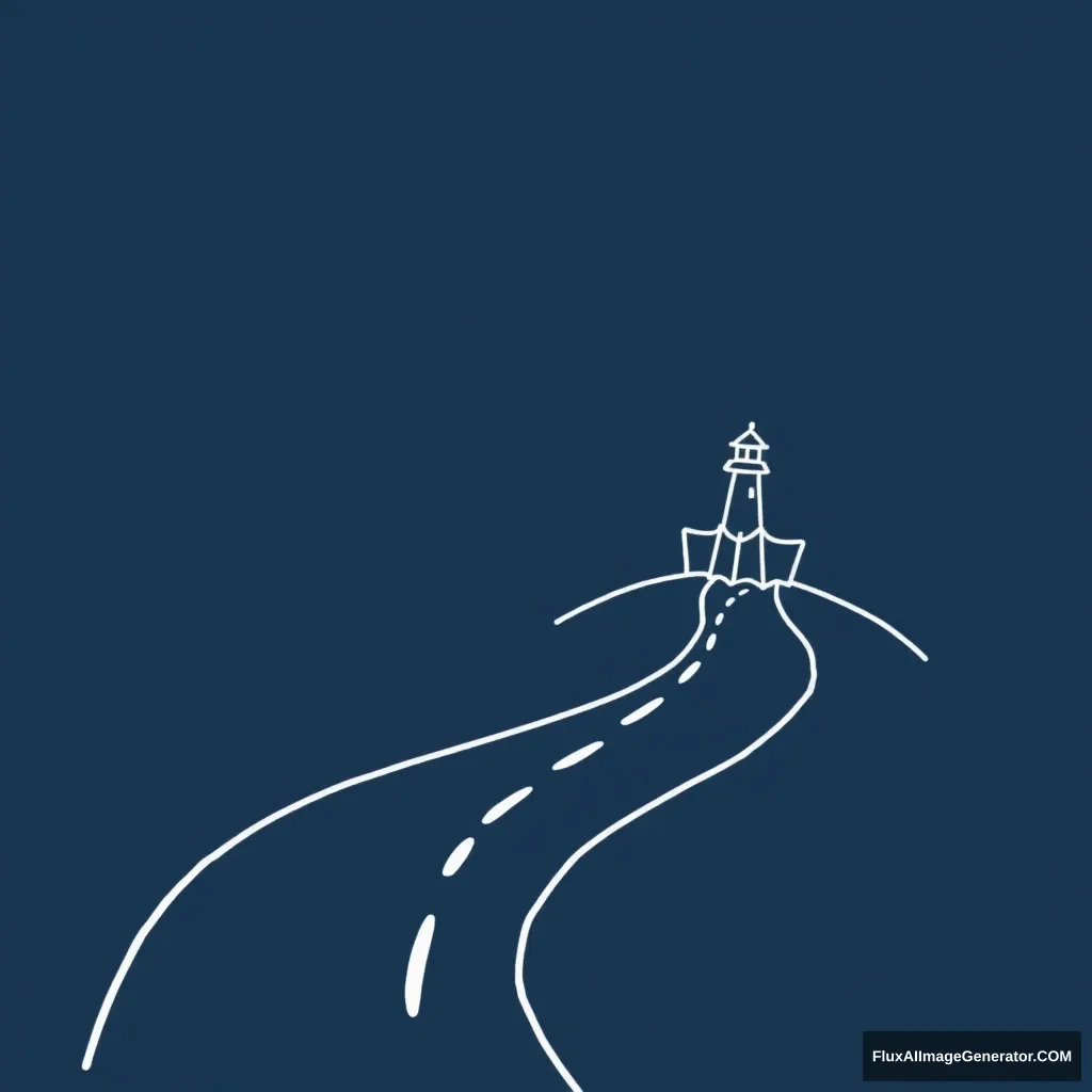 Draw a winding road using simple lines, with a background that can be deep blue or gray, giving a sense of exploring the unknown. At the end of the road, place a pattern of a book or a lighthouse, symbolizing knowledge and guidance. - Image