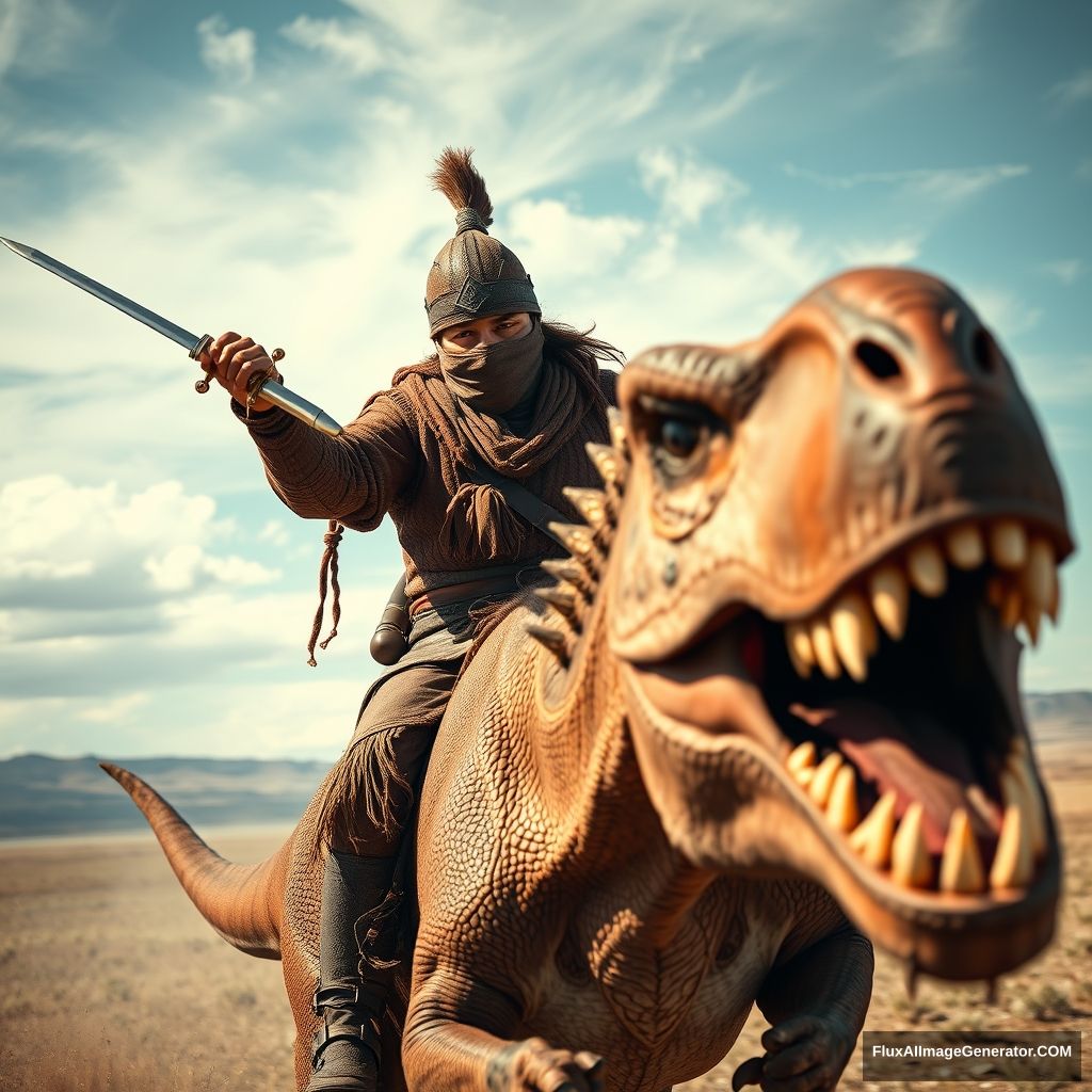 Close-up shot of an ancient Mongolian warrior's face covered with a leather mask, riding towards the viewer on the back of a running T-rex at a gallop, holding a Mongolian sword in each hand, in the steppes of Mongolia. - Image