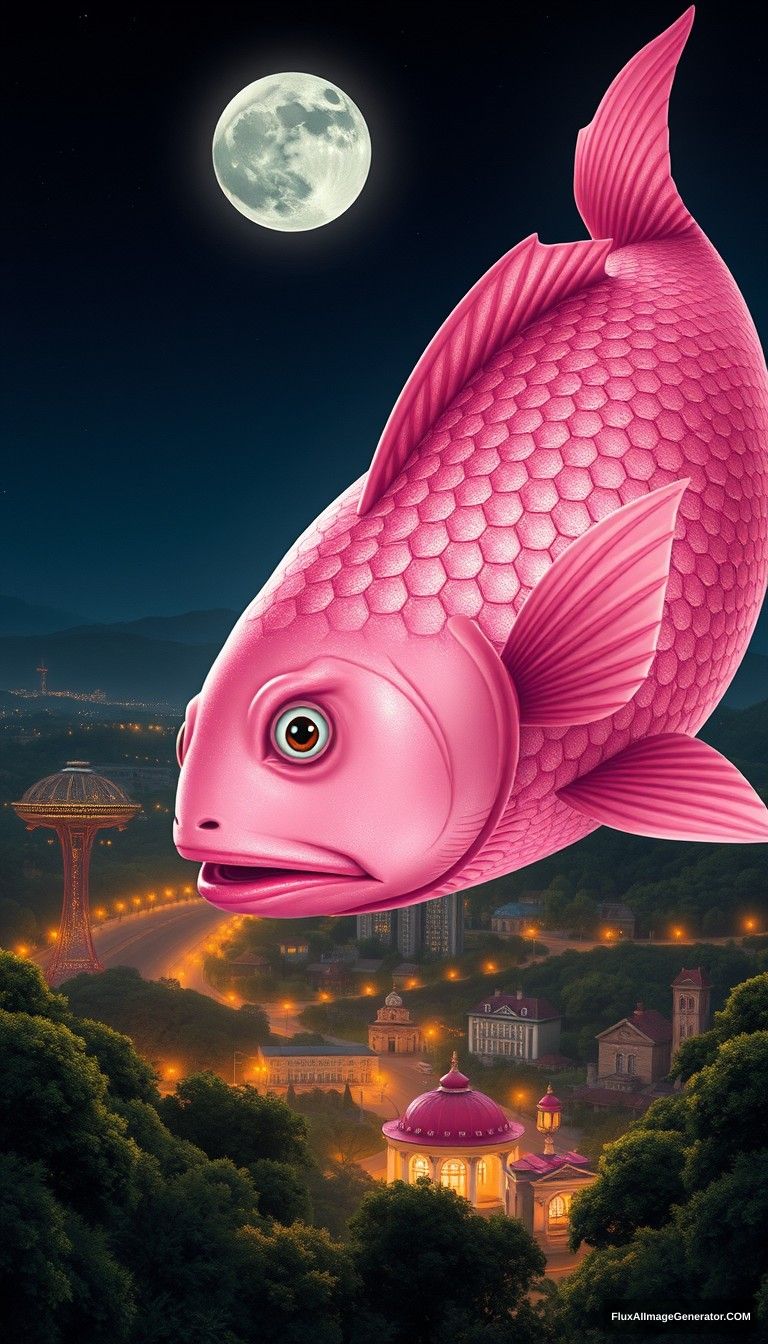 1. **Main Character**: The main character is an enormous, surreal pink fish, its body glistening under the moonlight. Its features are exaggerated, with large, expressive eyes and finely detailed scales that shimmer in various shades of pink and white. The fish’s face exhibits a serene yet curious expression, adding to its whimsical nature.

2. **Action**: The fish hovers above a lush landscape, seemingly floating in the night sky. Its mouth is slightly open, as if it’s about to speak or sing, while its fins are gracefully extended. The angle of its body suggests both majesty and a gentle presence, as it gazes down toward the city below.

3. **Attire**: While the fish doesn’t wear clothing, its natural coloration serves as its attire. The vibrant pink contrasts beautifully with the surrounding dark greens of the trees and the deep blue of the night sky, creating an eye-catching visual narrative.

4. **Surroundings**: Below the fish lies a bustling city illuminated by warm, golden lights. The buildings are varied in height and design, with some resembling traditional architecture. Small boats are docked along the waterfront, their silhouettes adding depth to the scene. Lush trees surround the city, framing the landscape and enhancing the dreamlike quality.

5. **Background**: The background features a starry night sky, with a full moon casting a soft glow across the scene. The trees create a dense canopy, their deep greens contrasting with the illuminated cityscape below. This creates a harmonious blend of nature and urban life, enveloped in twilight.

6. **Art Style**: The art style is fantastical and hyper-realistic, employing vibrant colors and intricate details. The smooth textures of the fish and the bright, warm tones of the city lights evoke a sense of wonder, while the blend of realism and fantasy draws the viewer into a dreamlike world.

7. **Ambience**: The ambience is magical and serene, filled with a sense of wonder and tranquility. The gentle glow of the city lights against the dark backdrop creates a cozy atmosphere, inviting contemplation. The scene feels alive with possibility, merging nature and the surreal in a harmonious tableau.