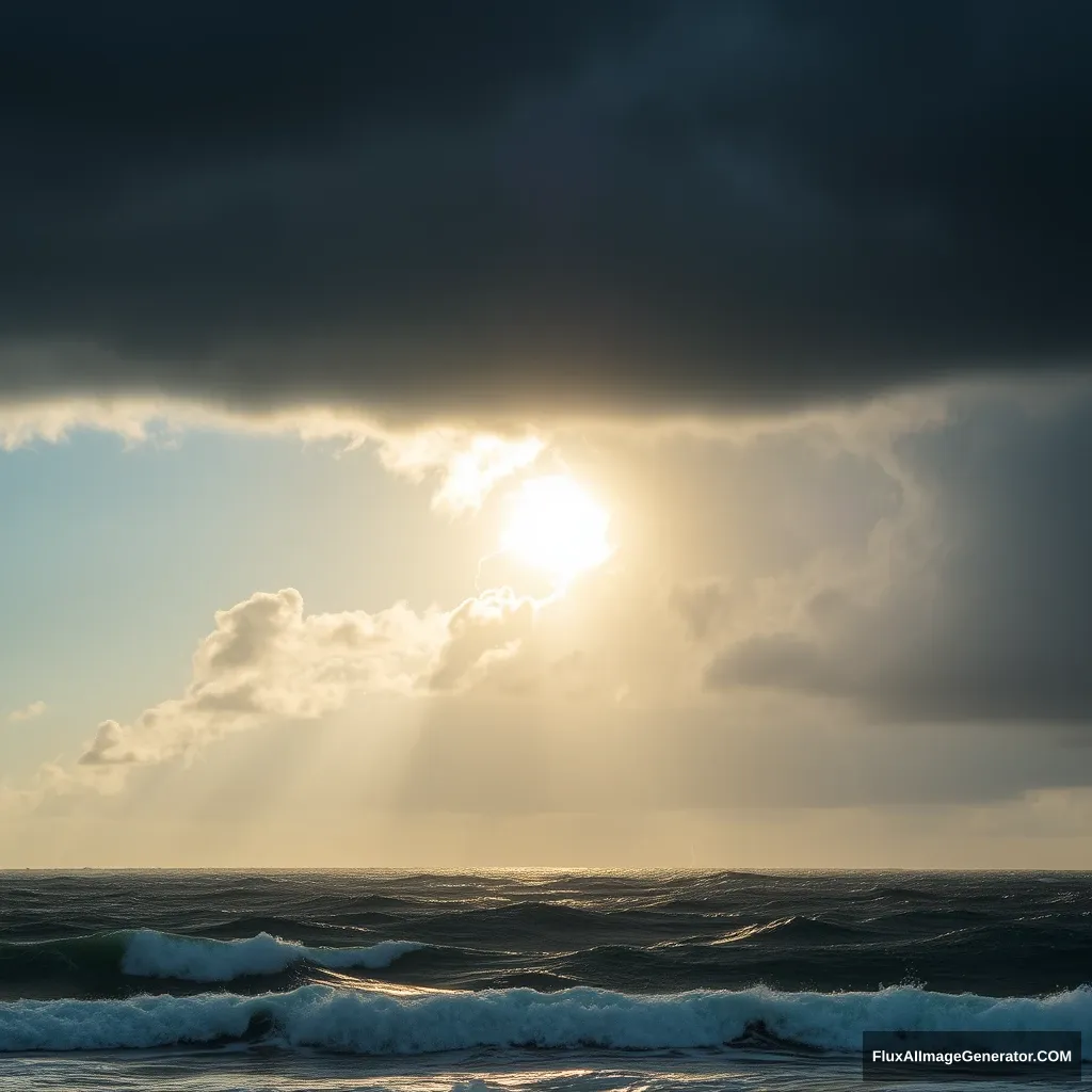 At noon, scorching sun, sea breeze, sea surface, dark clouds, thunder, dark clouds in the sky, waves, lightning.