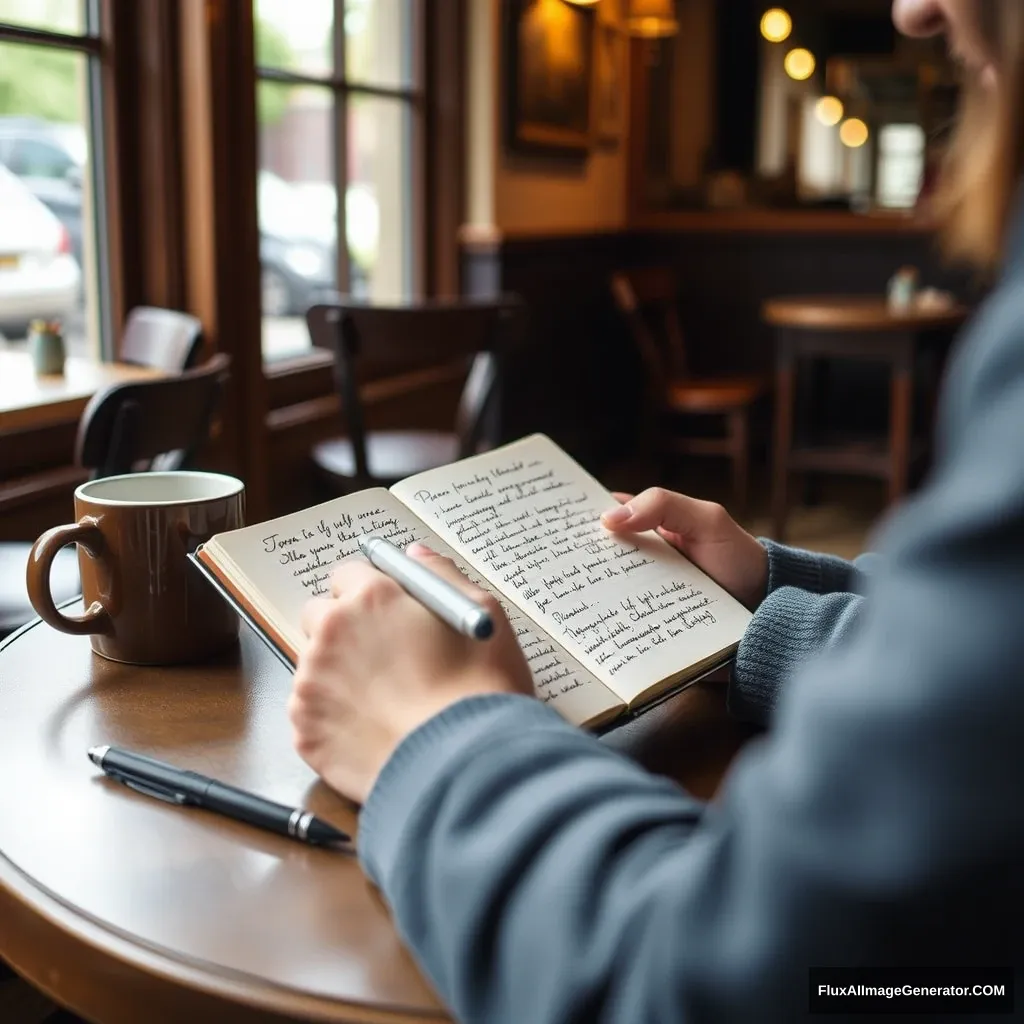 A person sitting at a cozy café table, writing notes in a small notebook right after a meeting. The notebook is open, showing handwritten notes about the conversation. A coffee cup and a pen are on the table. The background shows a warm, inviting atmosphere of the café. The scene conveys the idea of preparing for deeper, more meaningful future conversations and strengthening relationships through thoughtful note-taking.