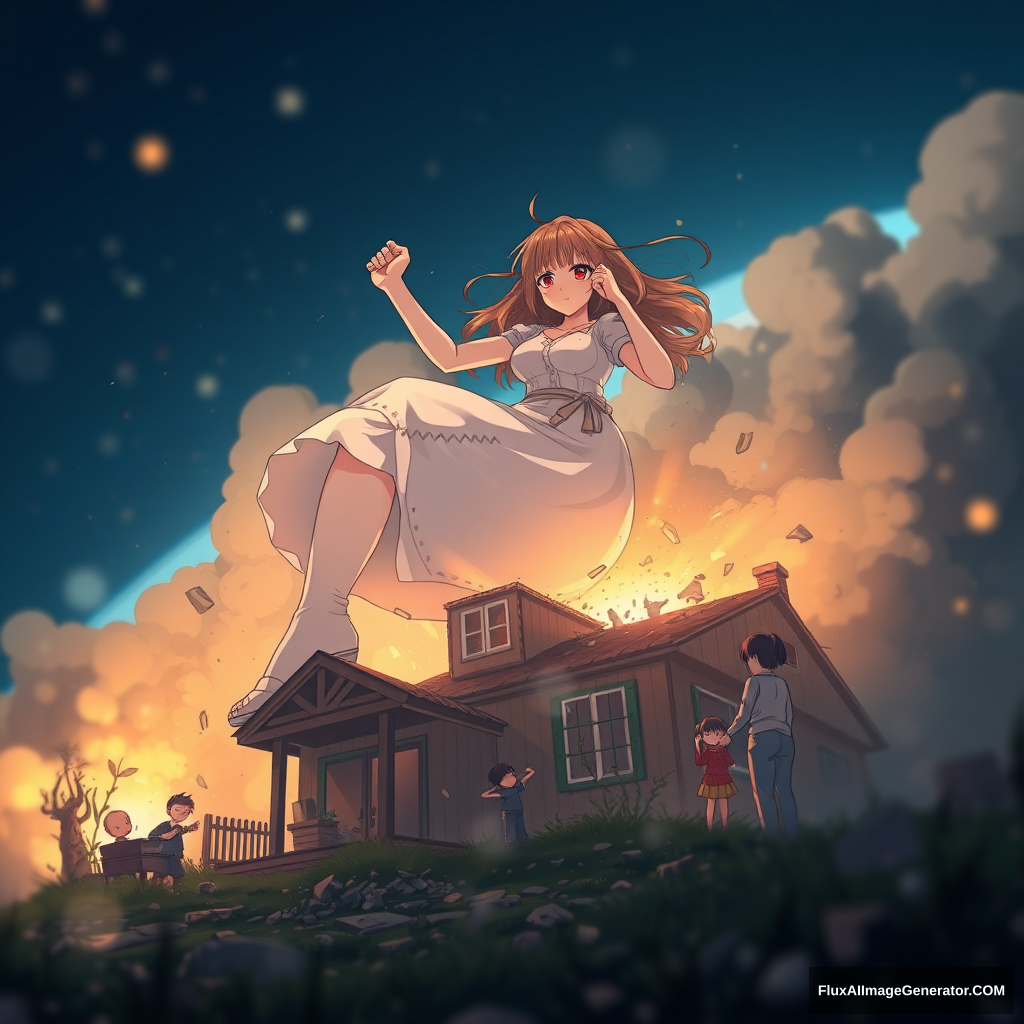 An image taken by a satellite of a gigantic, growing, anime woman, raising her foot over a house as if she was going to stomp down, surrounded by her shocked family. Pixel art style, depth of field bokeh, destruction, smoke, debris, motion blur, water droplets, fog.