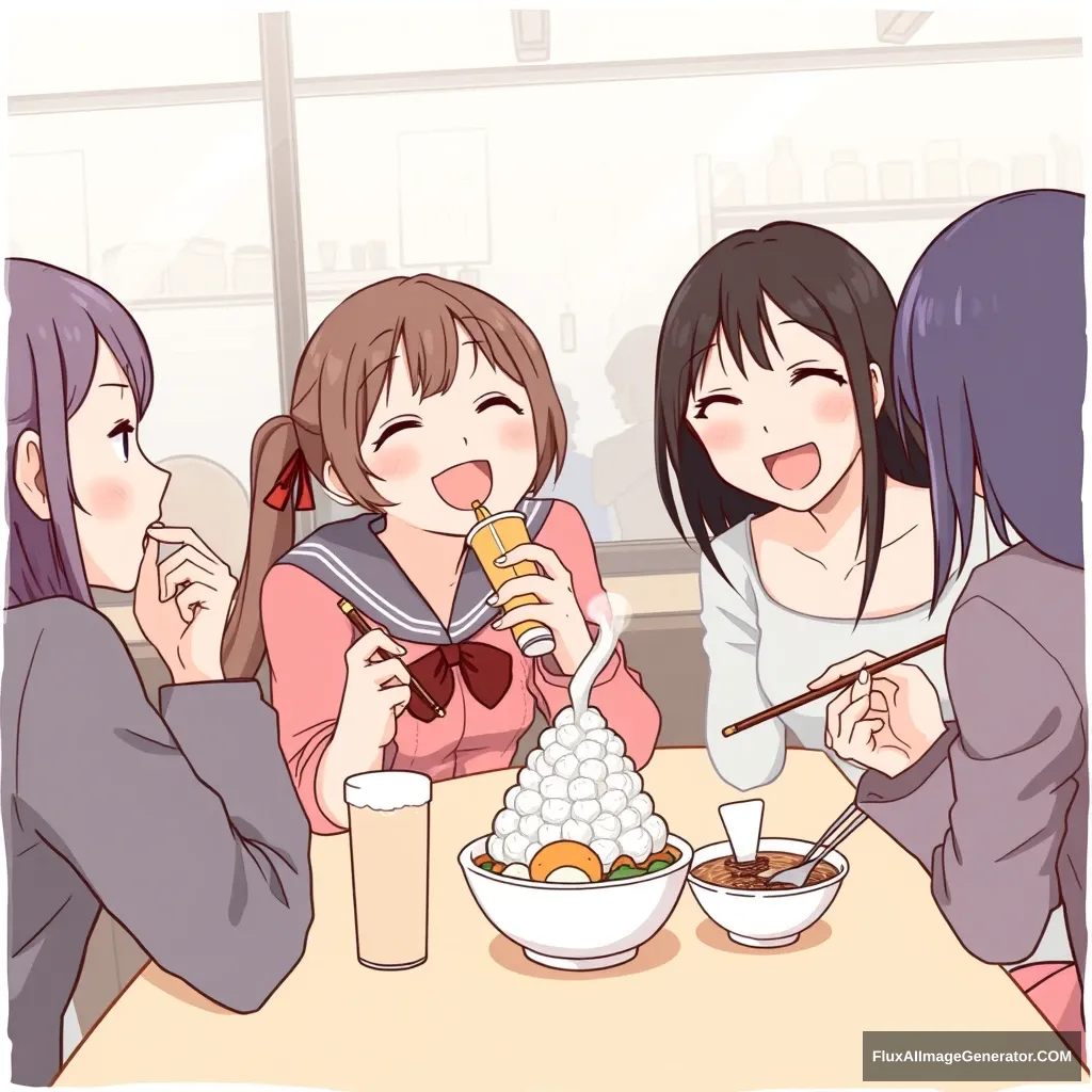 "Draw a scene of a Japanese female student happily having a party with her friends at a café, eating shaved ice and Japanese ramen."