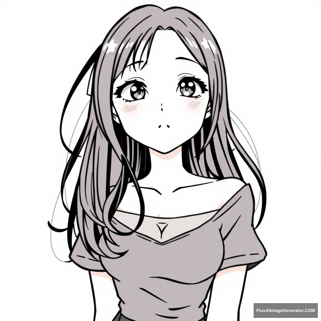 Simple line art of the character for drawing. Anime girl. Very full-figured. Very beautiful. Simple eyes. - Image