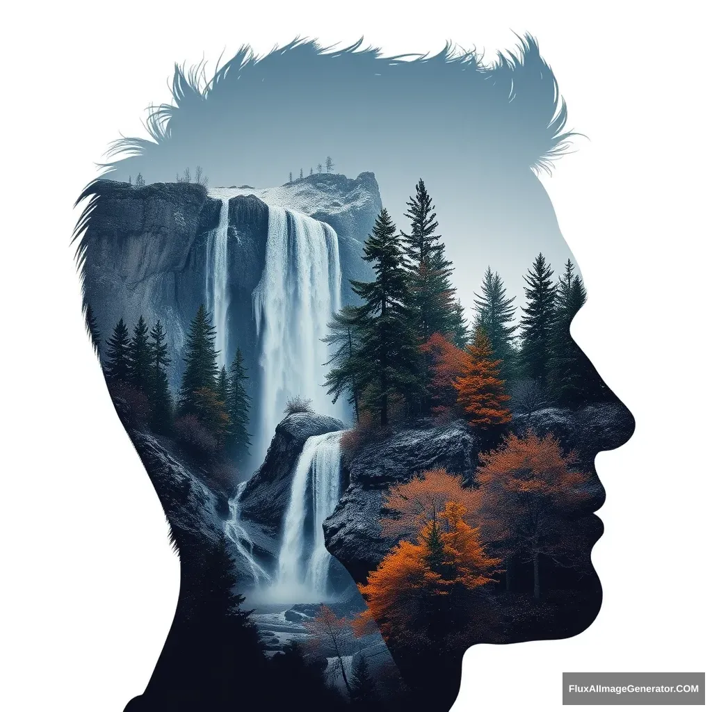 '[Abstract style waterfalls, wildlife, snowing] inside the silhouette of a [man]’s head that is a double exposure photograph. Non-representational, colors and shapes, expression of feelings, imaginative, highly detailed.' - Image