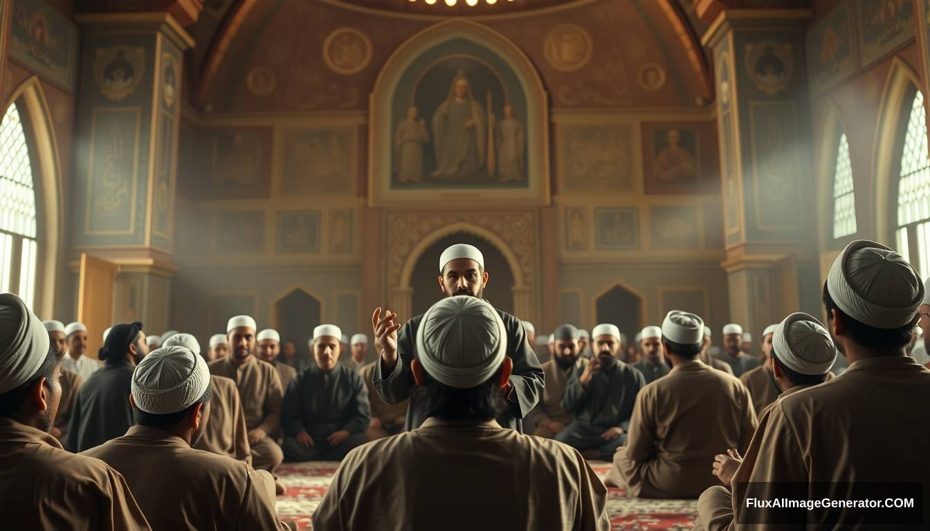 Prophet Muhammad (SAW) addressing his companions in a mosque, explaining the signs of Dajjal. The scene is filled with calm yet serious expressions, emphasizing the importance of the message. Ultra HD, realistic, respectful, with soft and cinematic lighting. - Image