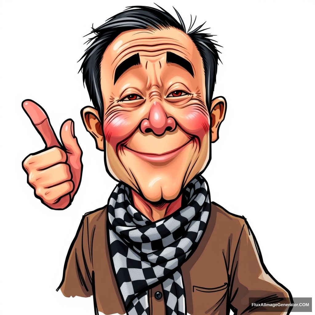 Create a highly detailed, colored sketch-style caricature of a middle-aged Vietnamese man with short, dark hair and a weathered face. The man should have a cheerful expression, with one hand raised in a thumbs-up gesture and the other hand gesturing outward. He is wearing a traditional brown áo bà ba and a black and white checkered scarf around his neck. The style should combine cartoon-like exaggeration with the texture and vibrancy of a colored sketch, set against a plain white background. - Image