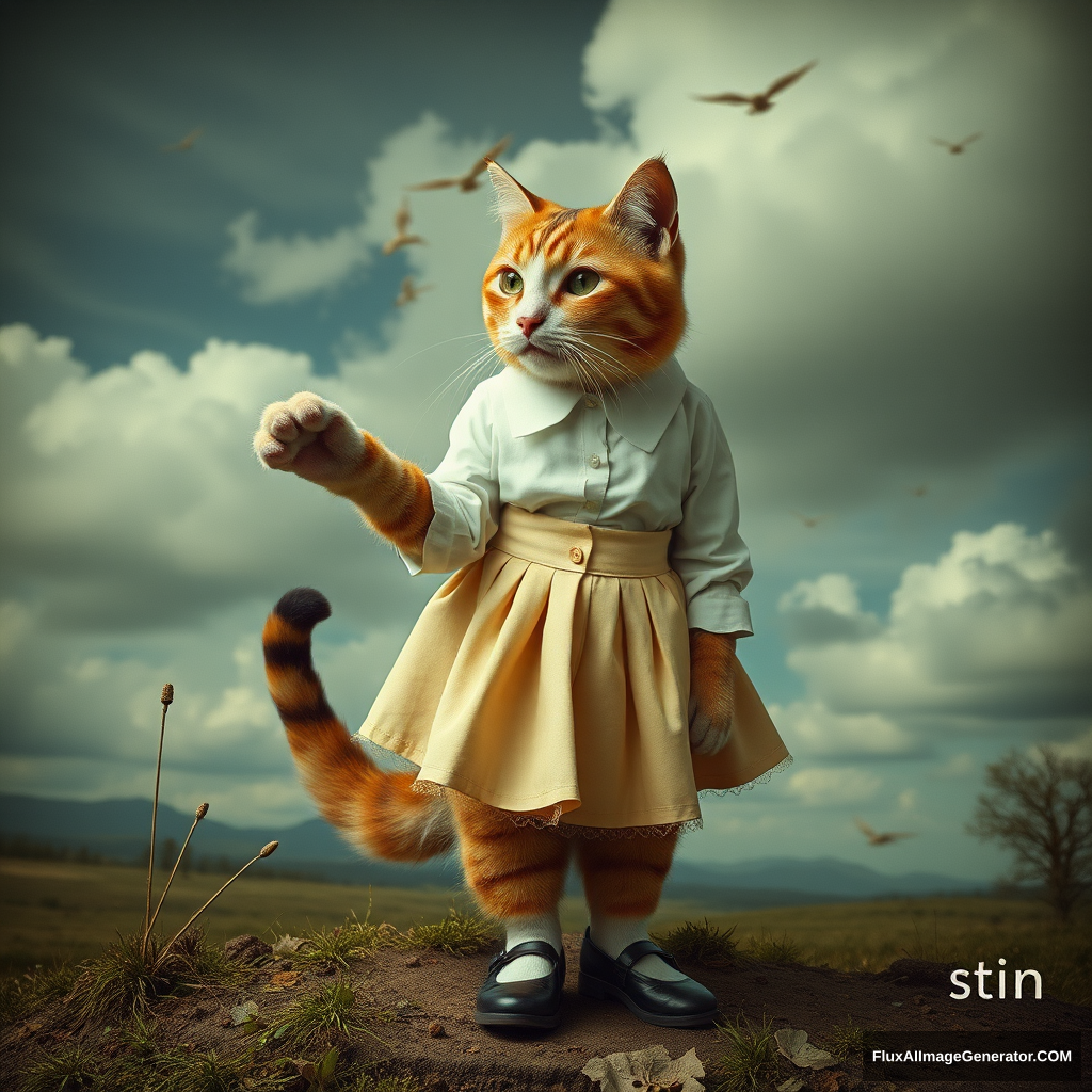 (surrealist photography of an anthropomorphic cat, cat paw, dressed in a pleated skirt with a blouse tucked in and Mary Jane shoes), (strange landscape), detailed. - Image