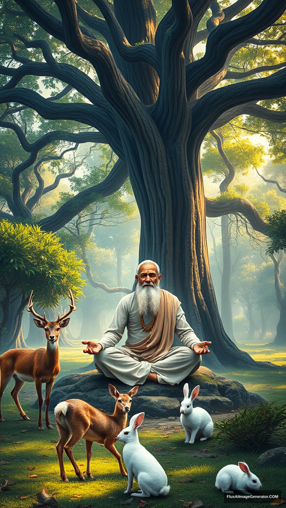 Create an image of an ancient sage meditating in a beautiful forest, sitting under a huge banyan tree. Surrounding him are beautiful animals like deer, peacocks, and white rabbits. - Image